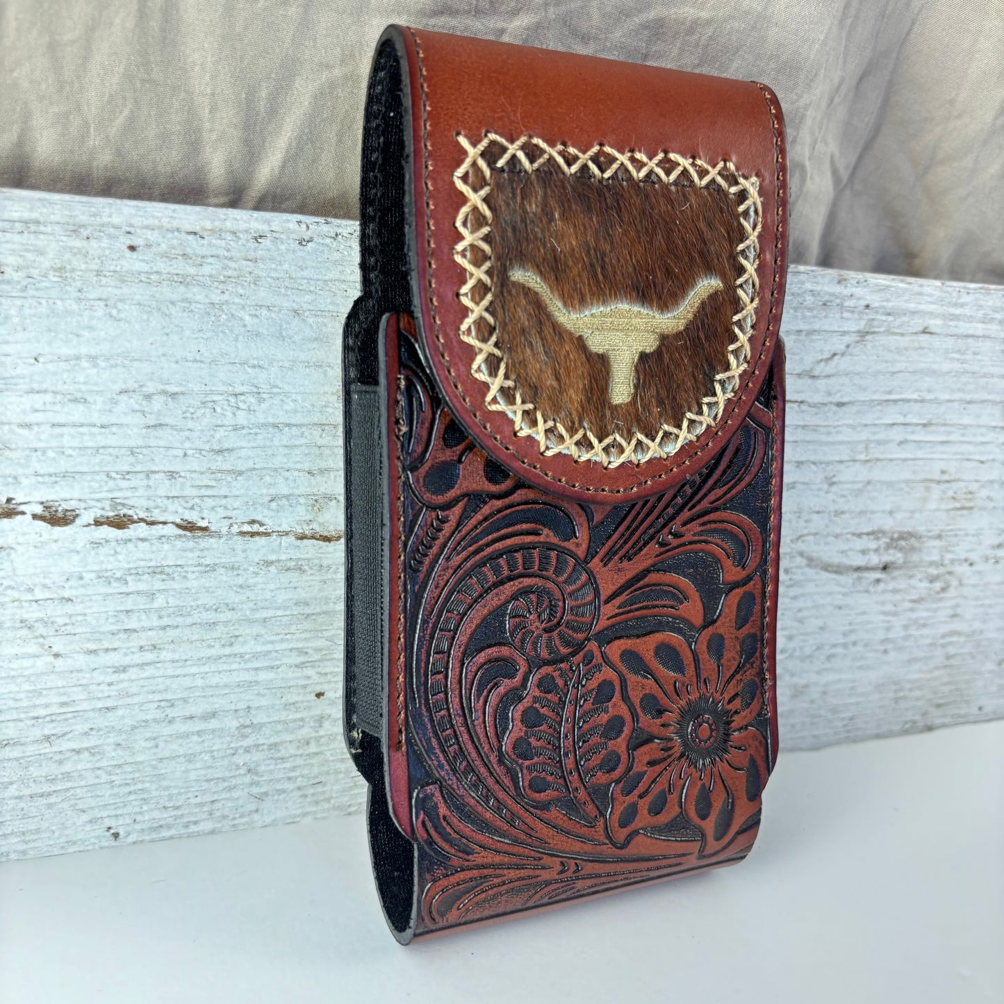 7" LONGHORNS LEATHER HOLSTER BROWN POUCH EXTRA LARGE  BELT LOOP CELL PHONE CASE UNIVERSAL OVERSIZE #EH13321