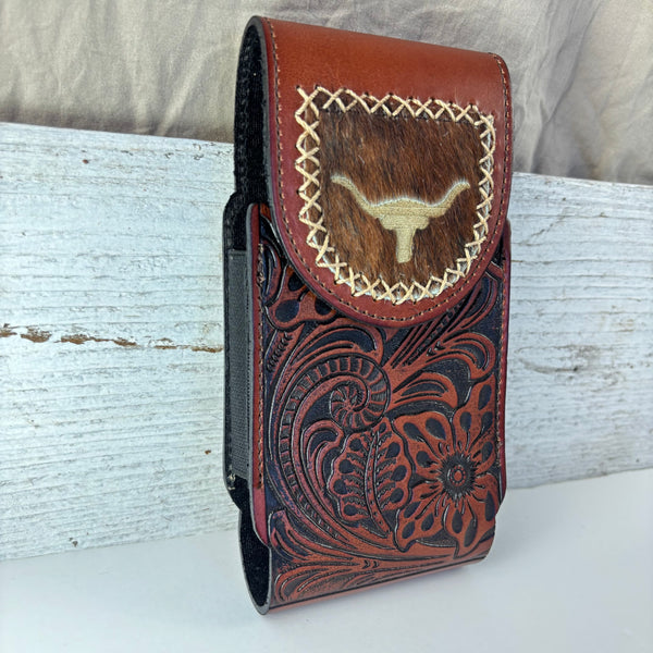 7" LONGHORNS LEATHER HOLSTER BROWN POUCH EXTRA LARGE  BELT LOOP CELL PHONE CASE UNIVERSAL OVERSIZE
