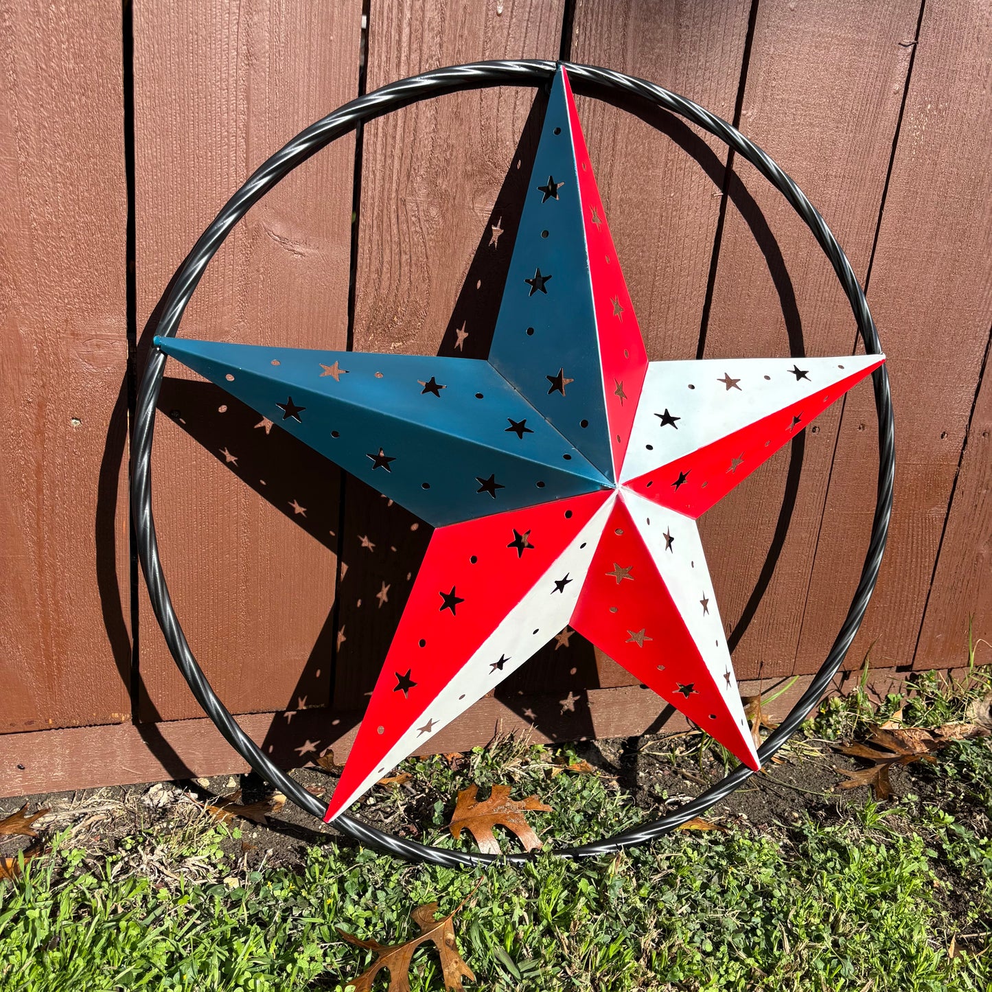 24" RED WHITE BLUE STAR USA FLAG STAR WITH SMALL STAR CUTOUT WESTERN HOME DECOR HANDMADE# EH12312