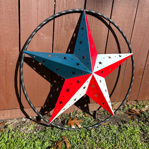 24" RED WHITE BLUE STAR USA FLAG STAR WITH SMALL STAR CUTOUT WESTERN HOME DECOR HANDMADE# EH12312