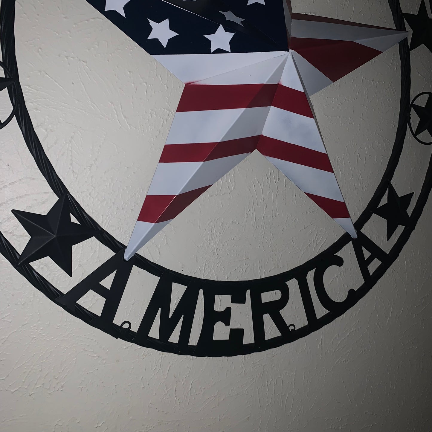 GOD BLESS AMERICA USA FLAG 3d STAR METAL BARN STAR BLACK TWISTED ROPE RING WALL ART WESTERN HOME DECOR RED WHITE & BLUE HANDMADE NEW #EH10490