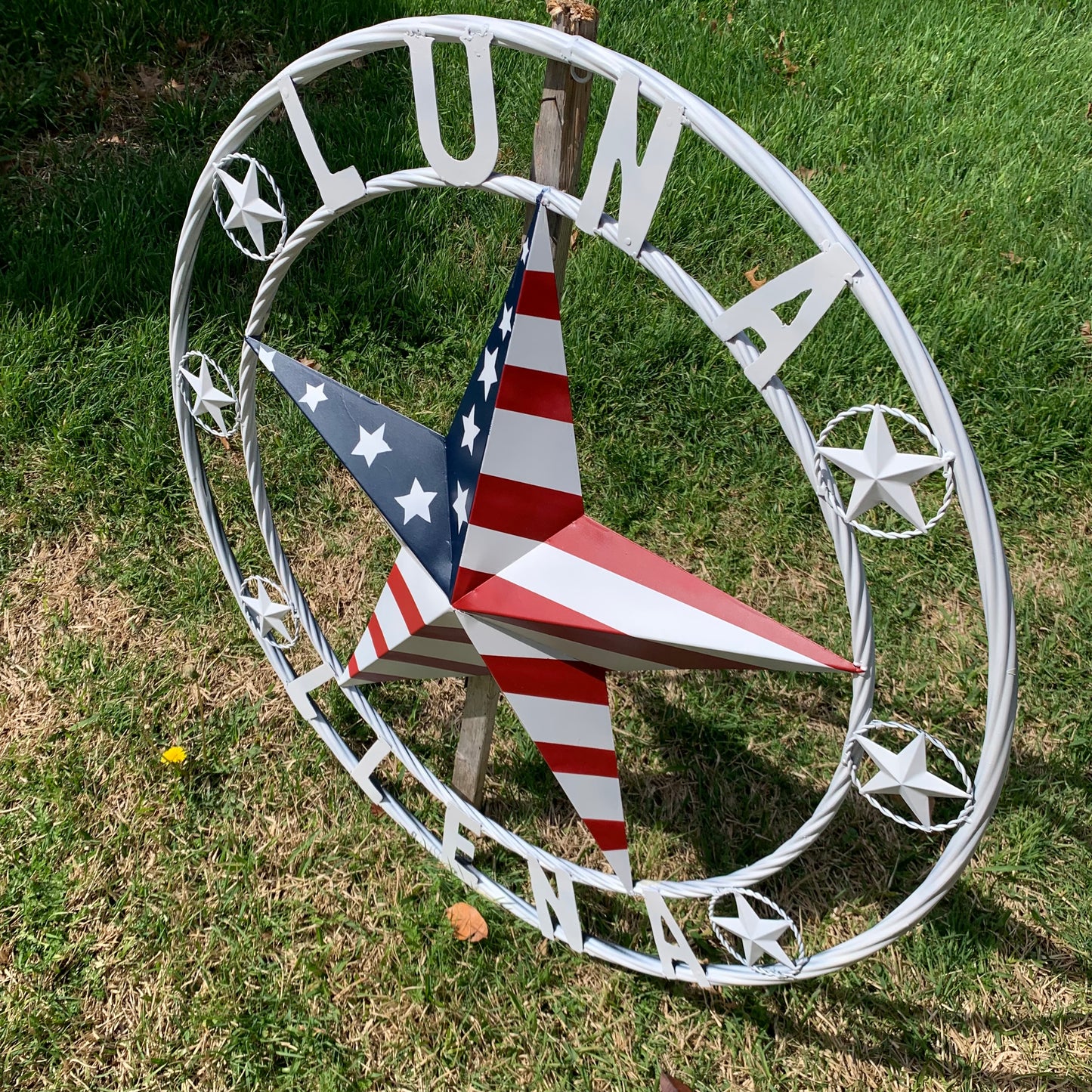 LUNA STYLE CUSTOM NAME BARN STAR METAL STAR 3d TWISTED ROPE RING WESTERN HOME DECOR USA FLAG STAR RED WHOTE & BLUE WITH WHITE RING HANDMADE 24",32",36",50"
