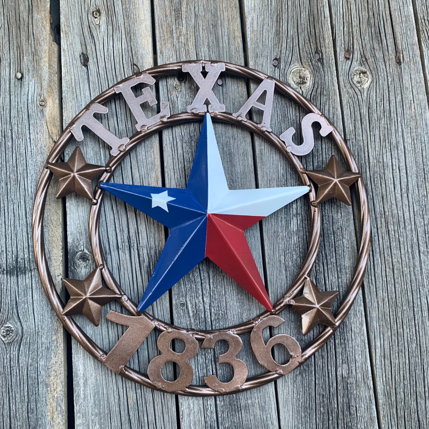 TEXAS FLAG STAR RED WHT BLUE STAR & BRONZE COPPER RING 1836 TEXAS METAL BARN LONE STAR WESTERN HOME DECOR HANDMADE NEW 12",18",24",32",36",50"