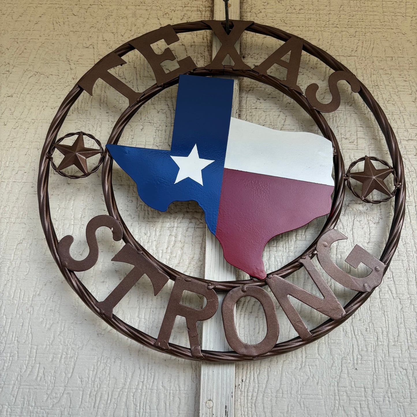 TEXAS STRONG SIGN METAL WALL ART WESTERN HOME DECOR RED WHITE BLUE WITH BRONZE RING HANDMADE #EH13212