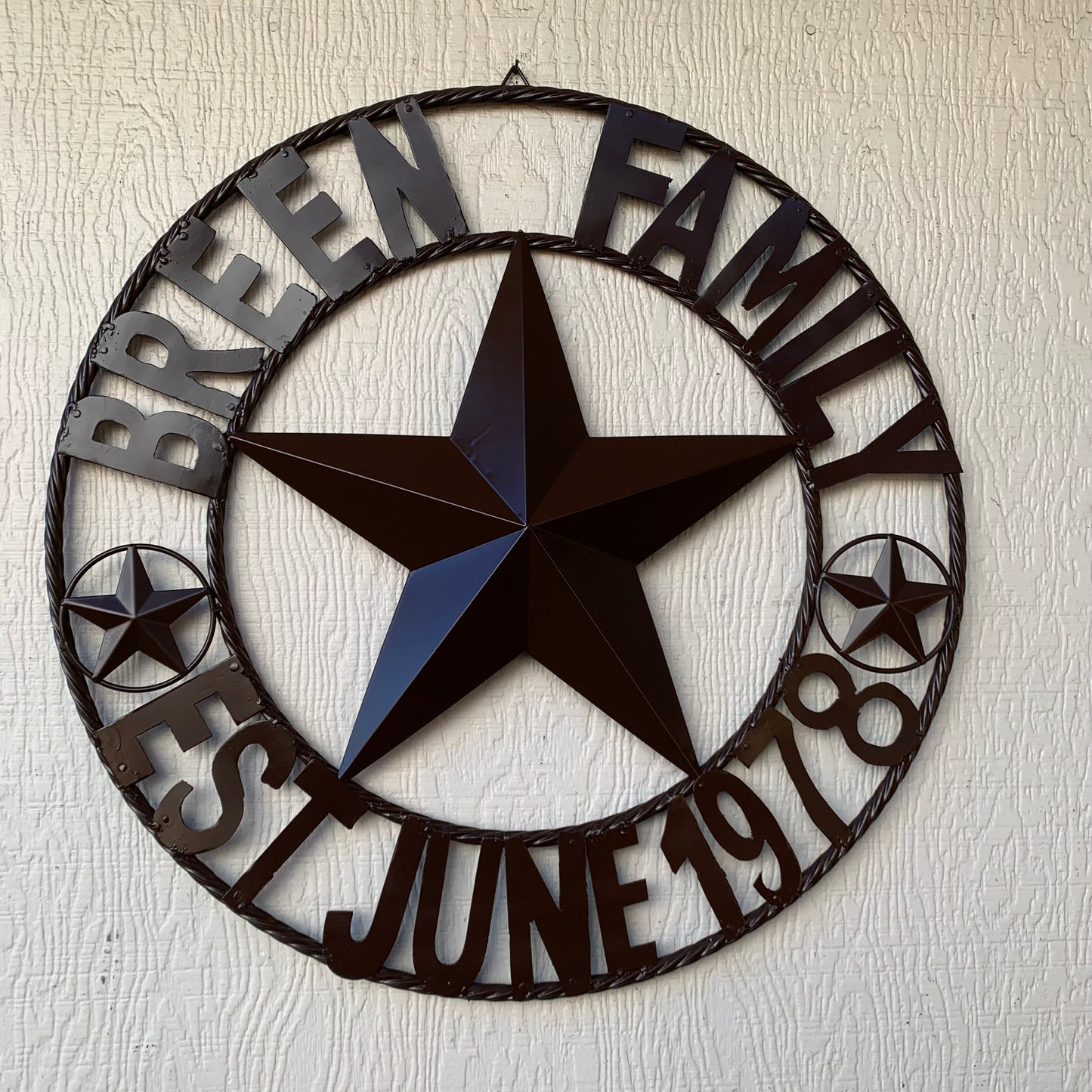 BREEN FAMILY STYLE CUSTOM NAME STAR BARN METAL STAR 3d TWISTED ROPE RING WESTERN HOME DECOR RUSTIC BROWN HANDMADE 24",32",36",50"