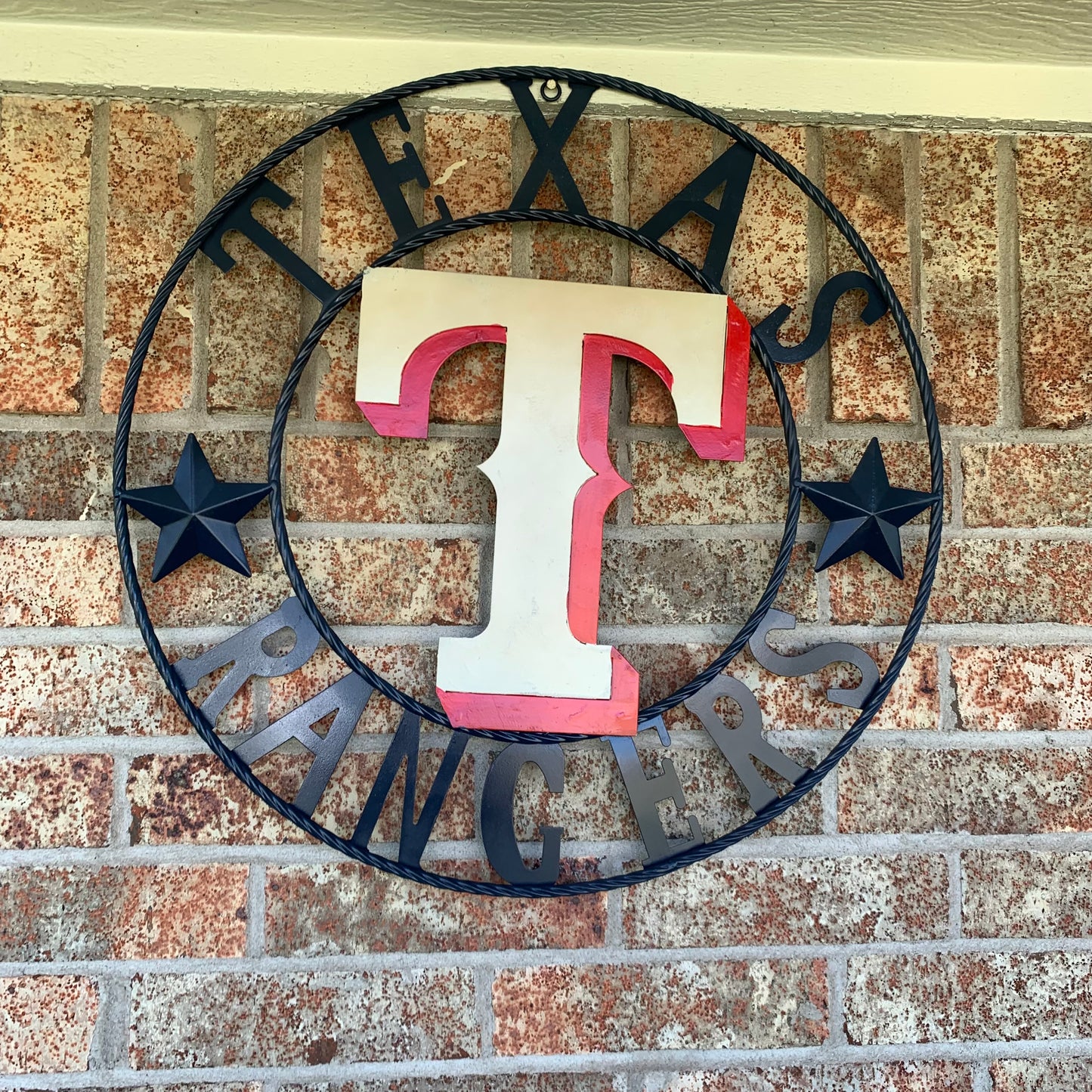12", 18", 24", 32" TEXAS RANGERS BARN CUSTOM METAL VINTAGE CRAFT SIGN TEAM  WHITE & RED & NAVY BLUE RING & STAR HANDMADE