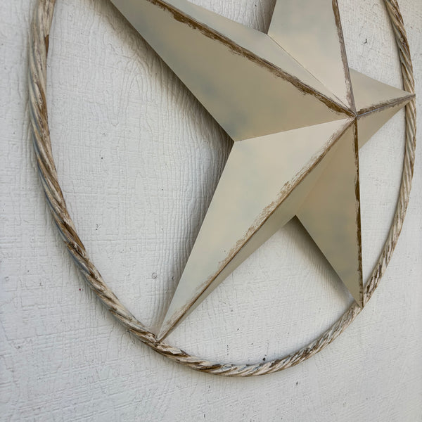 DISTRESSED IVORY WHITE ANTIQUE STAR TWIST ROPE RING METAL WALL ART WESTERN HOME DECOR HANDMADE #EH13132