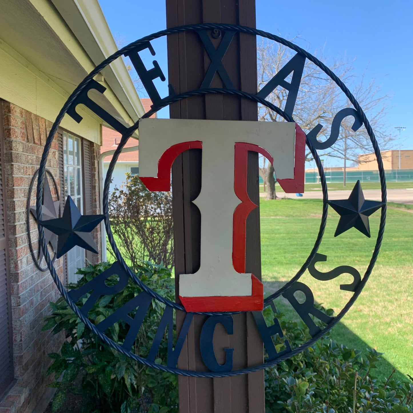 12", 18", 24", 32" TEXAS RANGERS BARN CUSTOM METAL VINTAGE CRAFT SIGN TEAM  WHITE & RED & NAVY BLUE RING & STAR HANDMADE