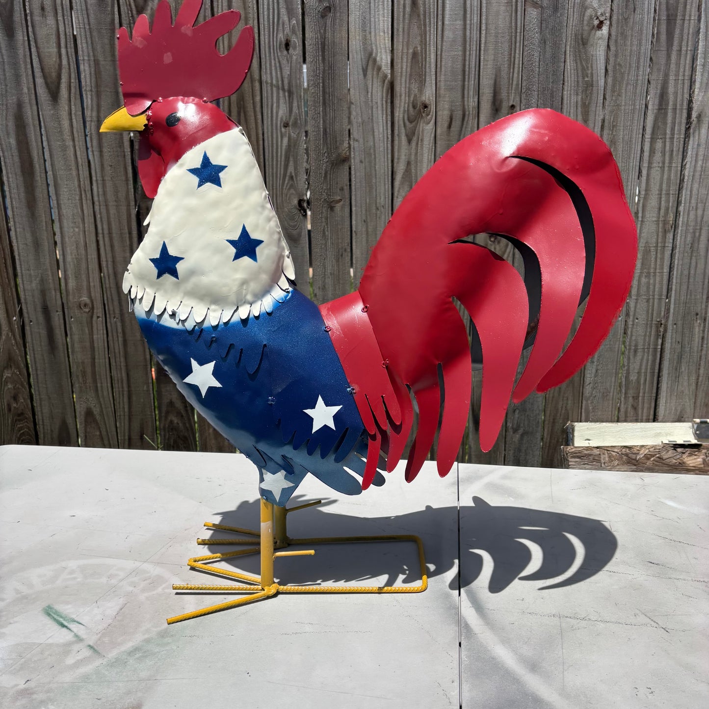 USA FLAG ROOSTER AMERICAN RED WHITE BLUE PATRIOTIC GARDEN METAL SCULPTURE WESTERN HOME DECOR ORNAMENT HANDMADE #34-003