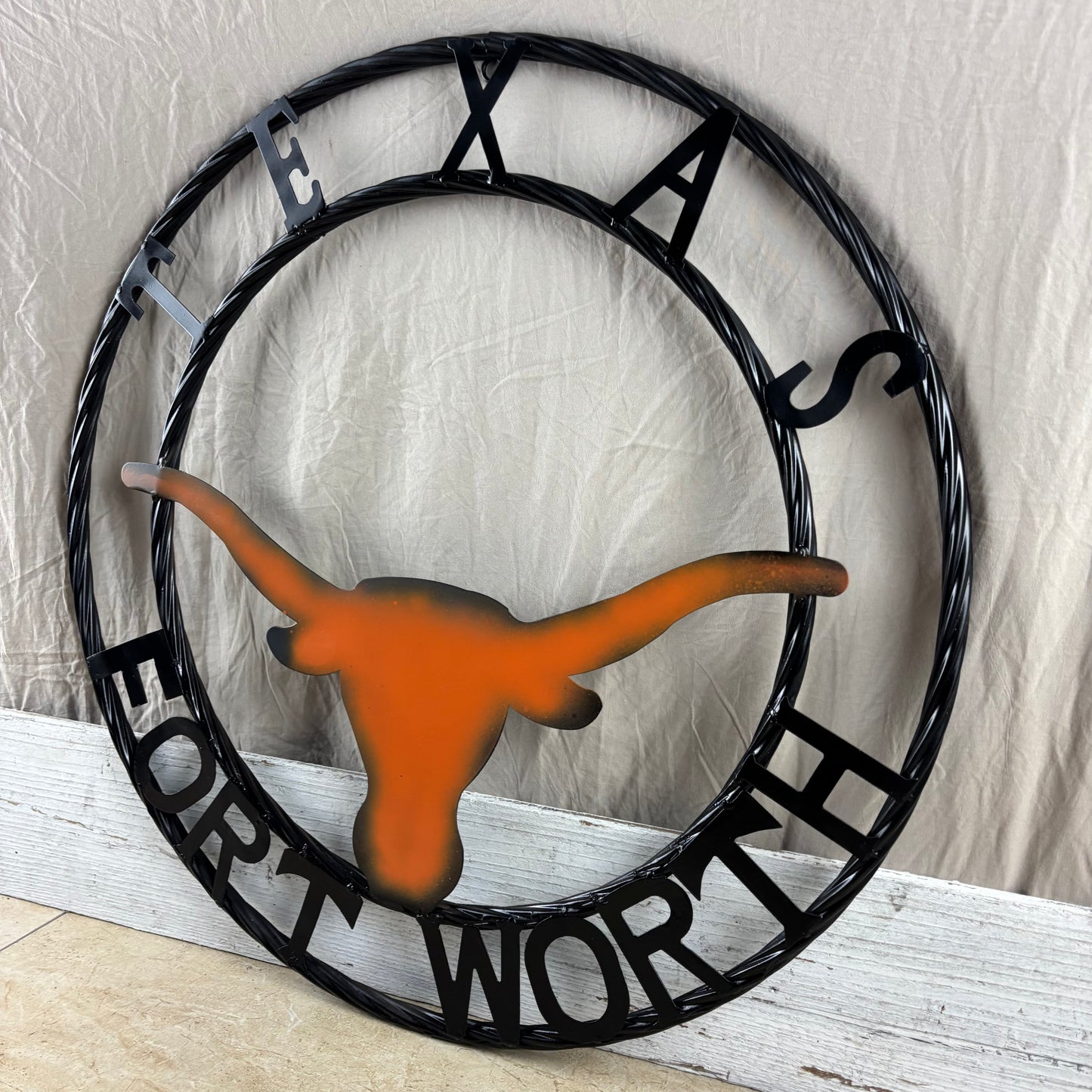 TEXAS FORT WORTH METAL SIGN LONGHORNS ORANGE WESTERN HOME DECOR HANDMADE