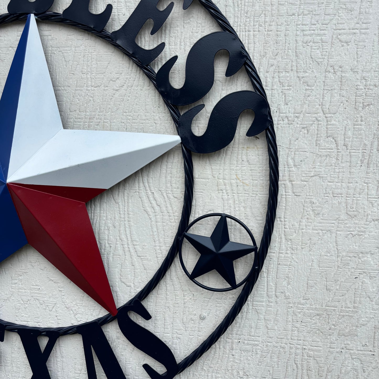 GOD BLESS TEXAS BARN STAR RED WHITE BLUE STAR WITH NAVY BLUE RING LONE STAR TWISTED ROPE RING WESTERN HOME DECOR HANDMADE