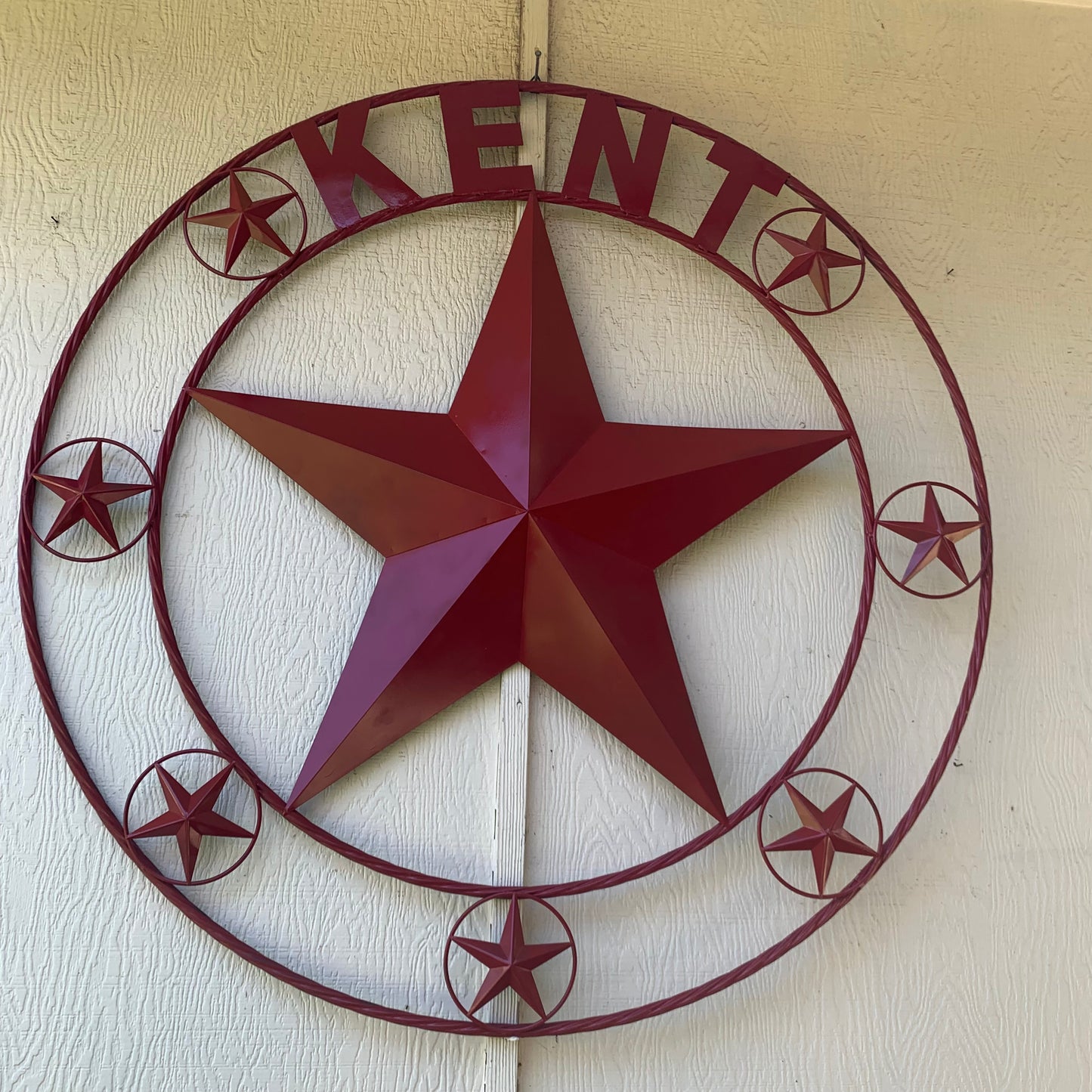 KENT STYLE YOUR CUSTOM STAR METAL NAME RUSTIC BURGUNDY RED CUSTOM 3d STAR METAL NAME BARN STAR TWISTED ROPE RING DESIGN METAL WALL ART HOME DECOR ANY SIZE