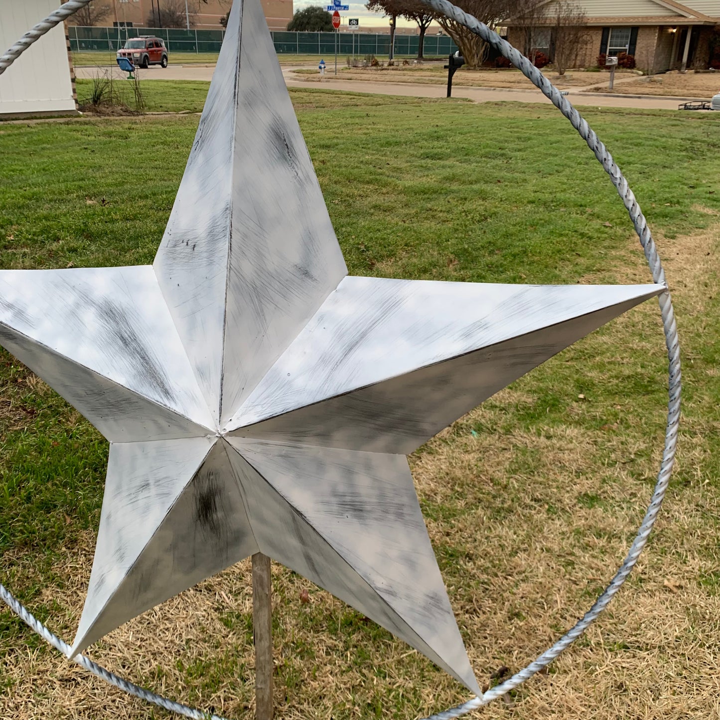 5 FOOT WHITE DISTRESSED STAR TWO TONE TEXTURE BARN STAR METAL LONESTAR TWISTED ROPE RING WESTERN HOME DECOR HANDMADE NEW
