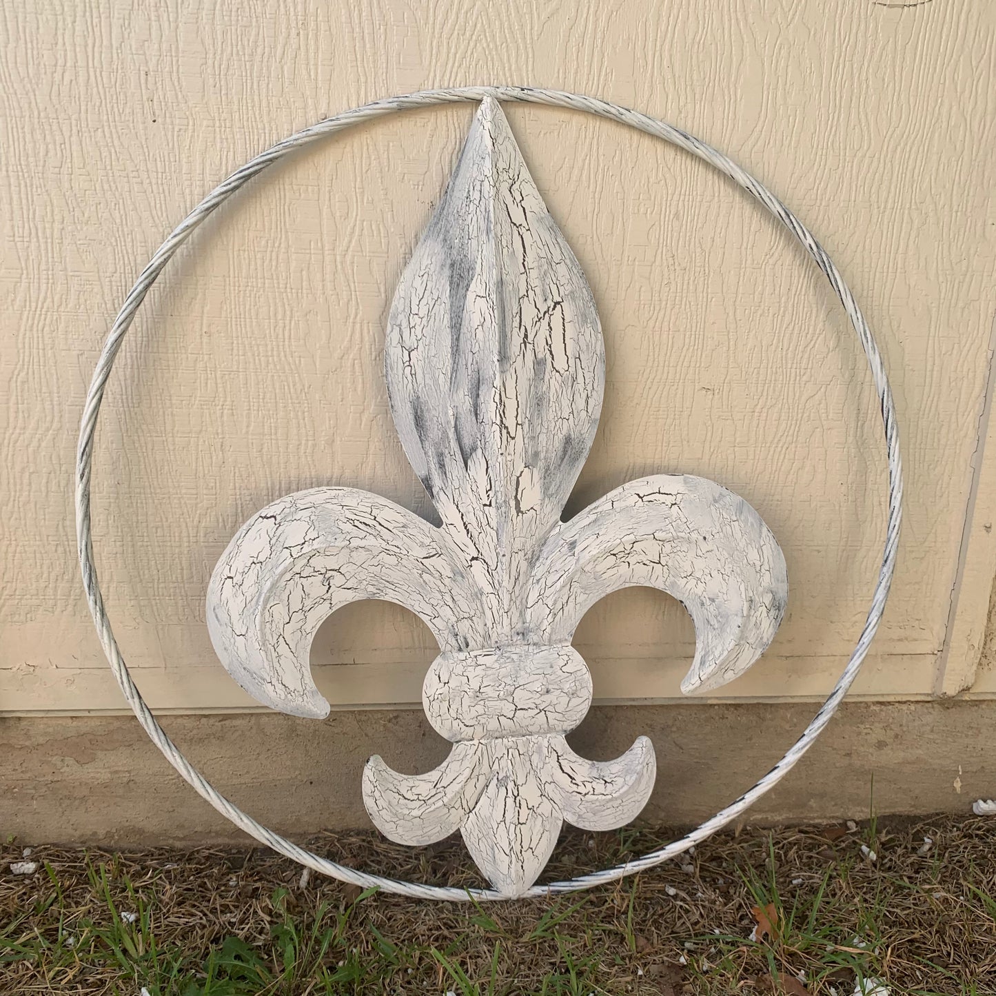 24",36" FLEUR DE LIS METAL CRACKLE WHITE WESTERN HOME DECOR HANDMADE WALL ART NEW #EH10149