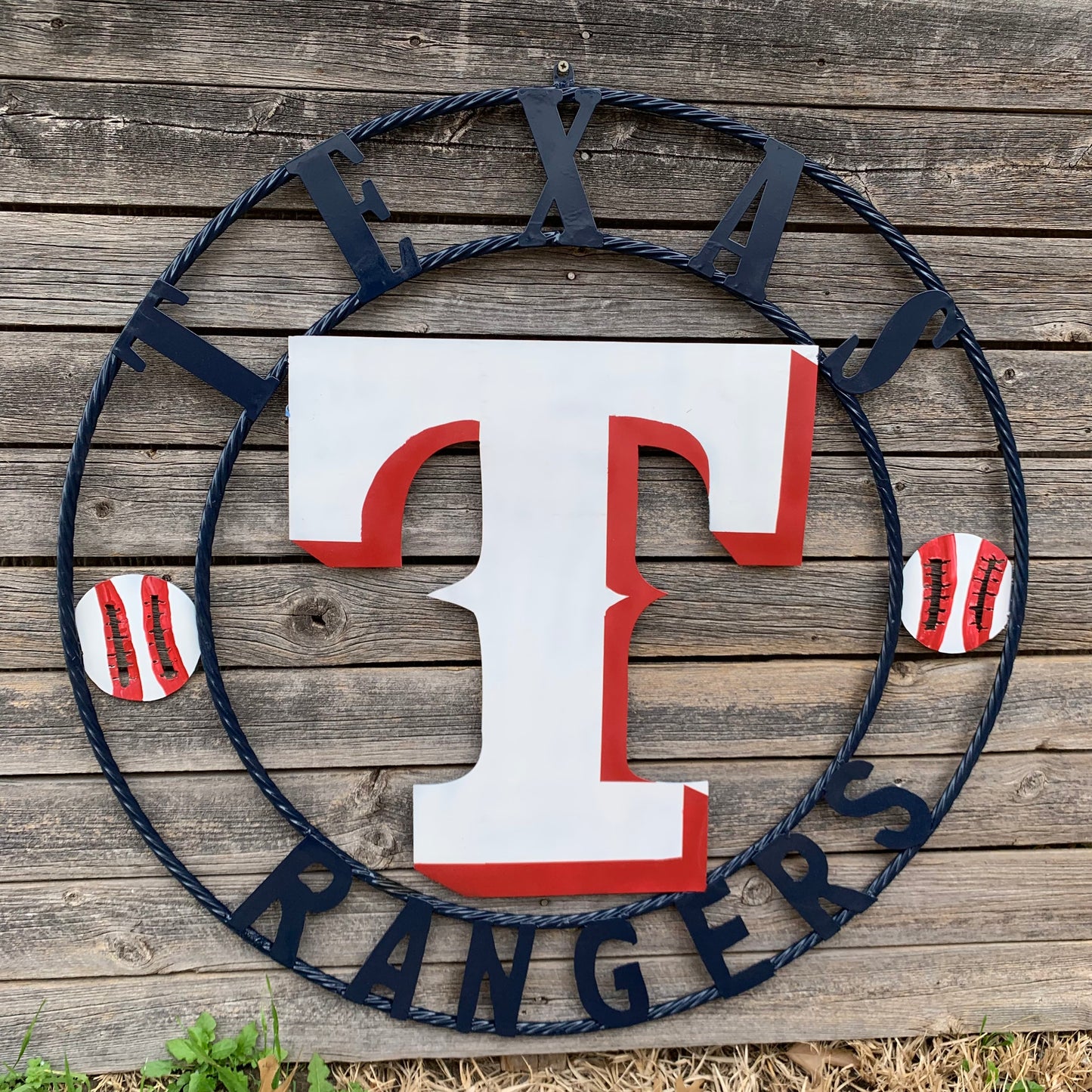 TEXAS RANGERS CUSTOM METAL VINTAGE CRAFT TEAM SIGN WHITE & RED & NAVY BLUE RING HANDMADE
