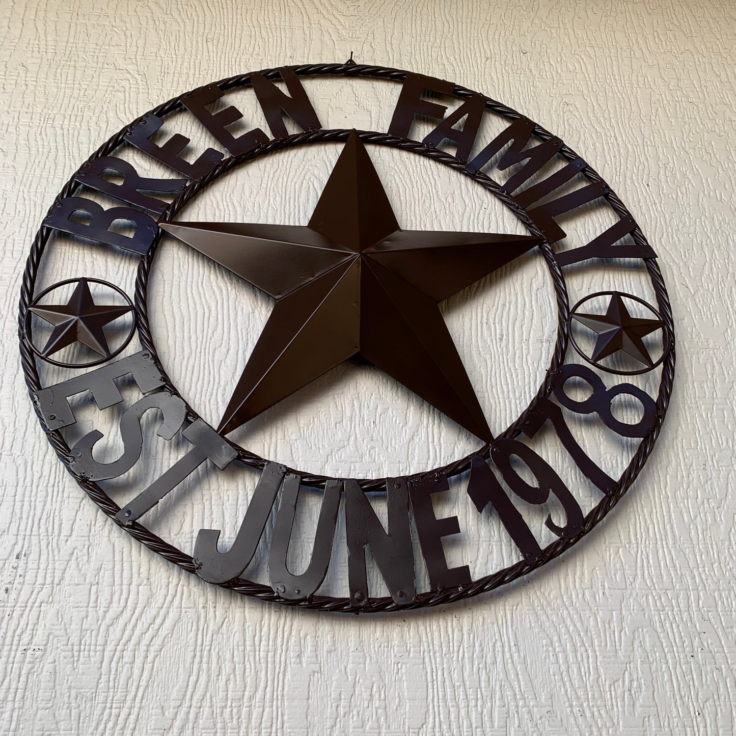 BREEN FAMILY STYLE CUSTOM NAME STAR BARN METAL STAR 3d TWISTED ROPE RING WESTERN HOME DECOR RUSTIC BROWN HANDMADE 24",32",36",50"