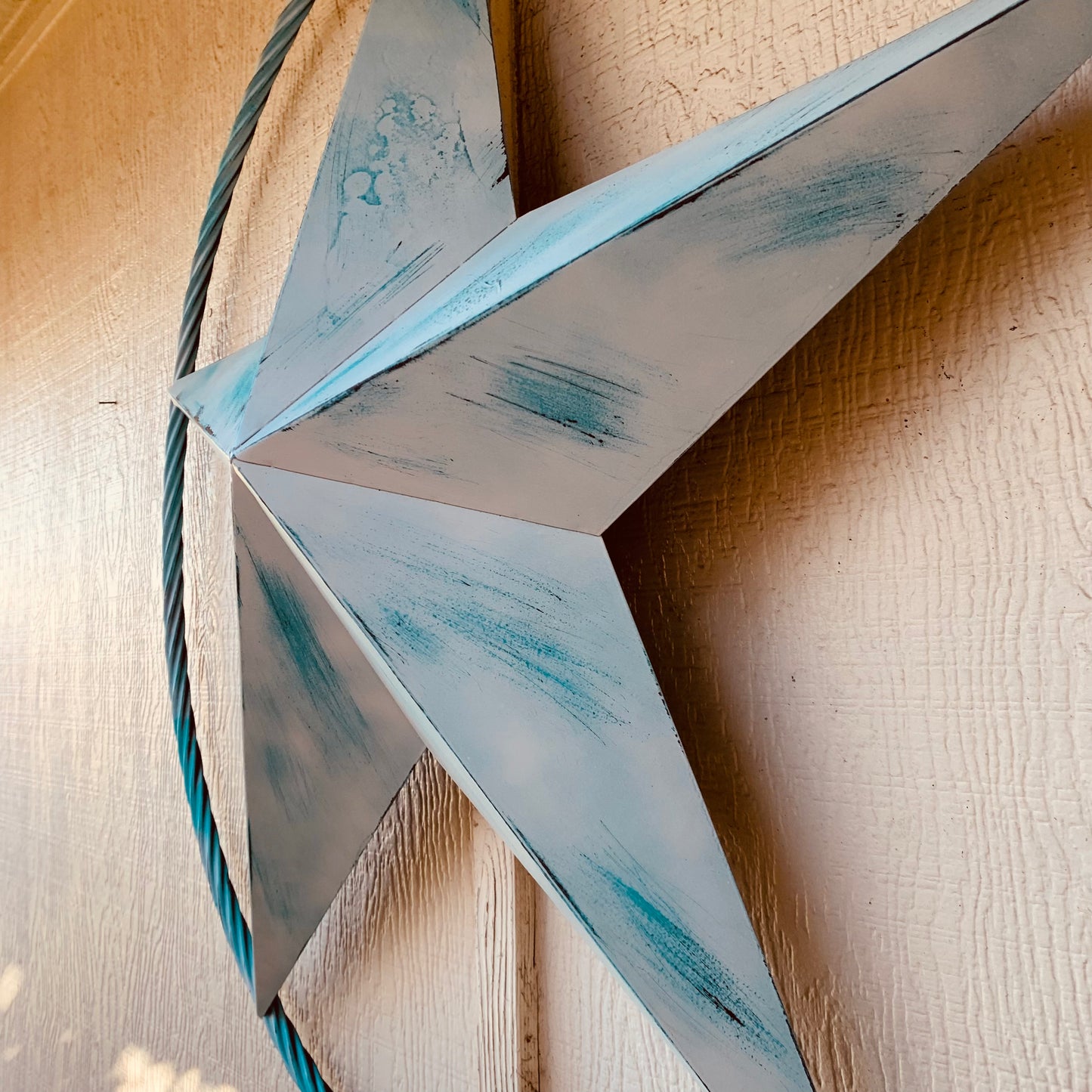 #EH11219 TURQUOISE WHITE DISTRESSED STAR TWO TONE TEXTURE BARN STAR METAL LONESTAR TWISTED ROPE RING WESTERN HOME DECOR HANDMADE NEW