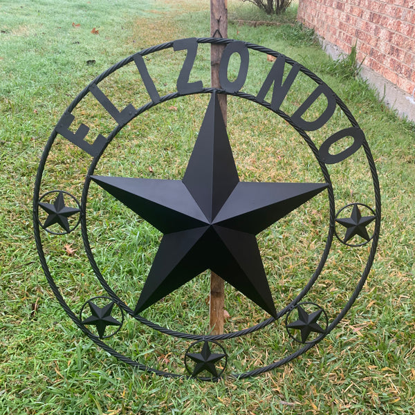 ELIZONDO STYLE CUSTOM NAME STAR BARN METAL STAR 3d TWISTED ROPE RING WESTERN HOME DECOR RUSTIC BLACK HANDMADE 24",32",36",50"