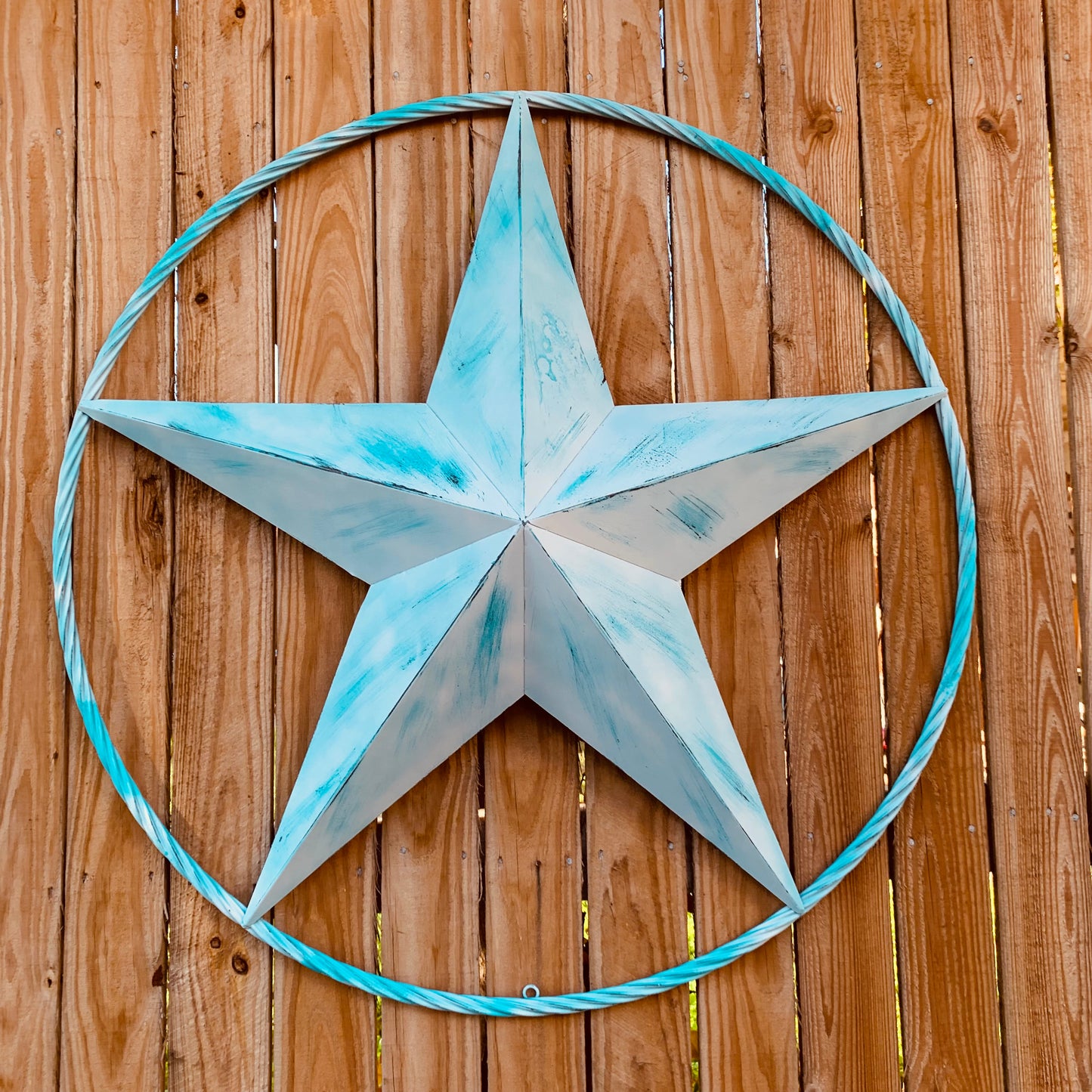 #EH11219 TURQUOISE WHITE DISTRESSED STAR TWO TONE TEXTURE BARN STAR METAL LONESTAR TWISTED ROPE RING WESTERN HOME DECOR HANDMADE NEW