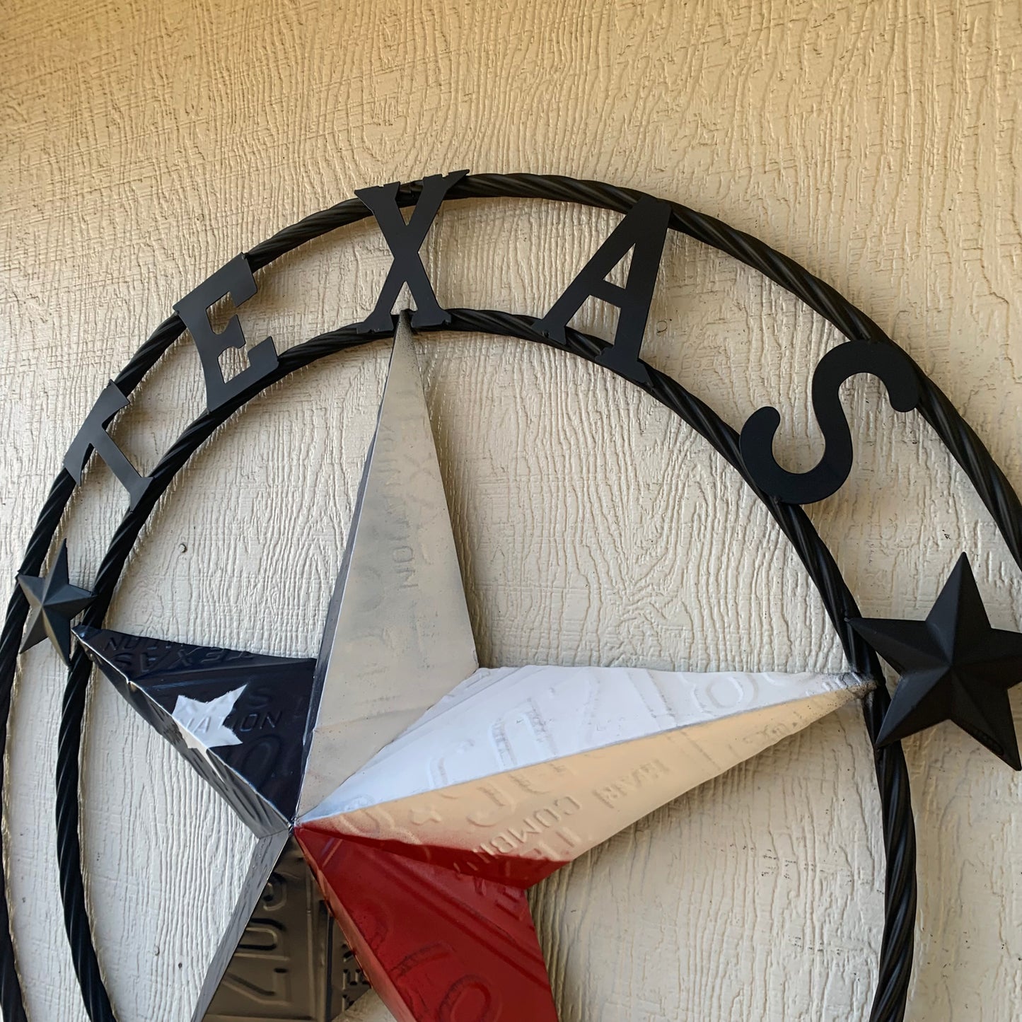 TEXAS LICENSE PLATE BARN STAR METAL LONE STAR TWISTED BLACK RING & LETTERS WESTERN HOME DECOR HANDMADE NEW