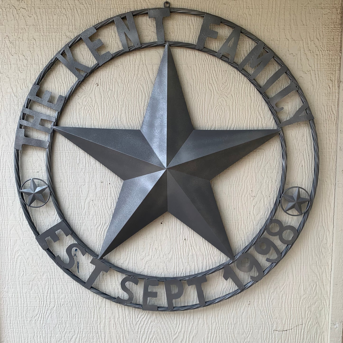 KENT STYLE CUSTOM STAR NAME BARN METAL STAR 3d TWISTED ROPE RING WESTERN HOME DECOR RUSTIC GREY SILVER HANDMADE 24",32",36",50"