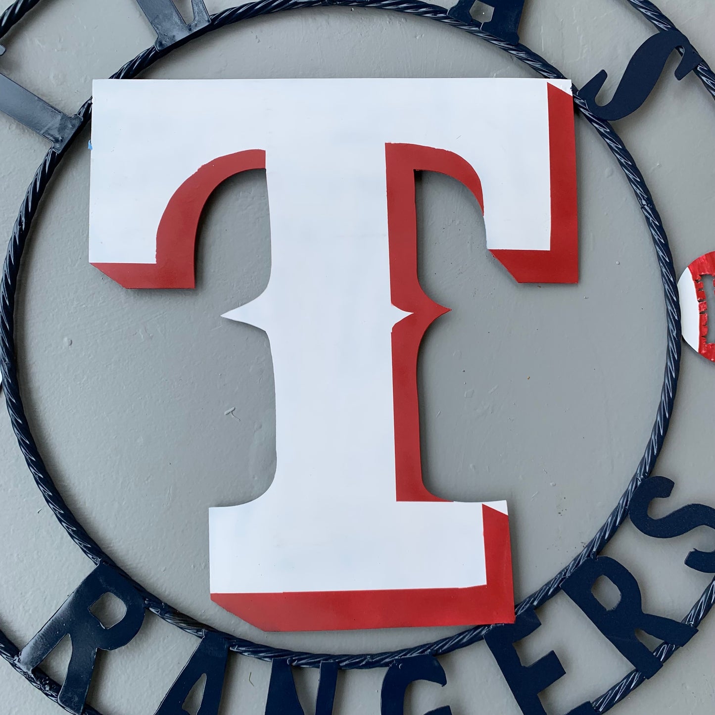 TEXAS RANGERS CUSTOM METAL VINTAGE CRAFT TEAM SIGN WHITE & RED & NAVY BLUE RING HANDMADE