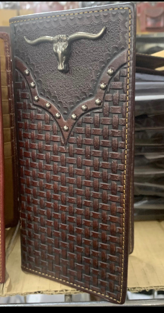 LONGHORNS GENUINE LEATHER WESTERN CHECKBOOK MEN'S WALLET WESTERN FASHION #EH11748 --FREE SHIPPING