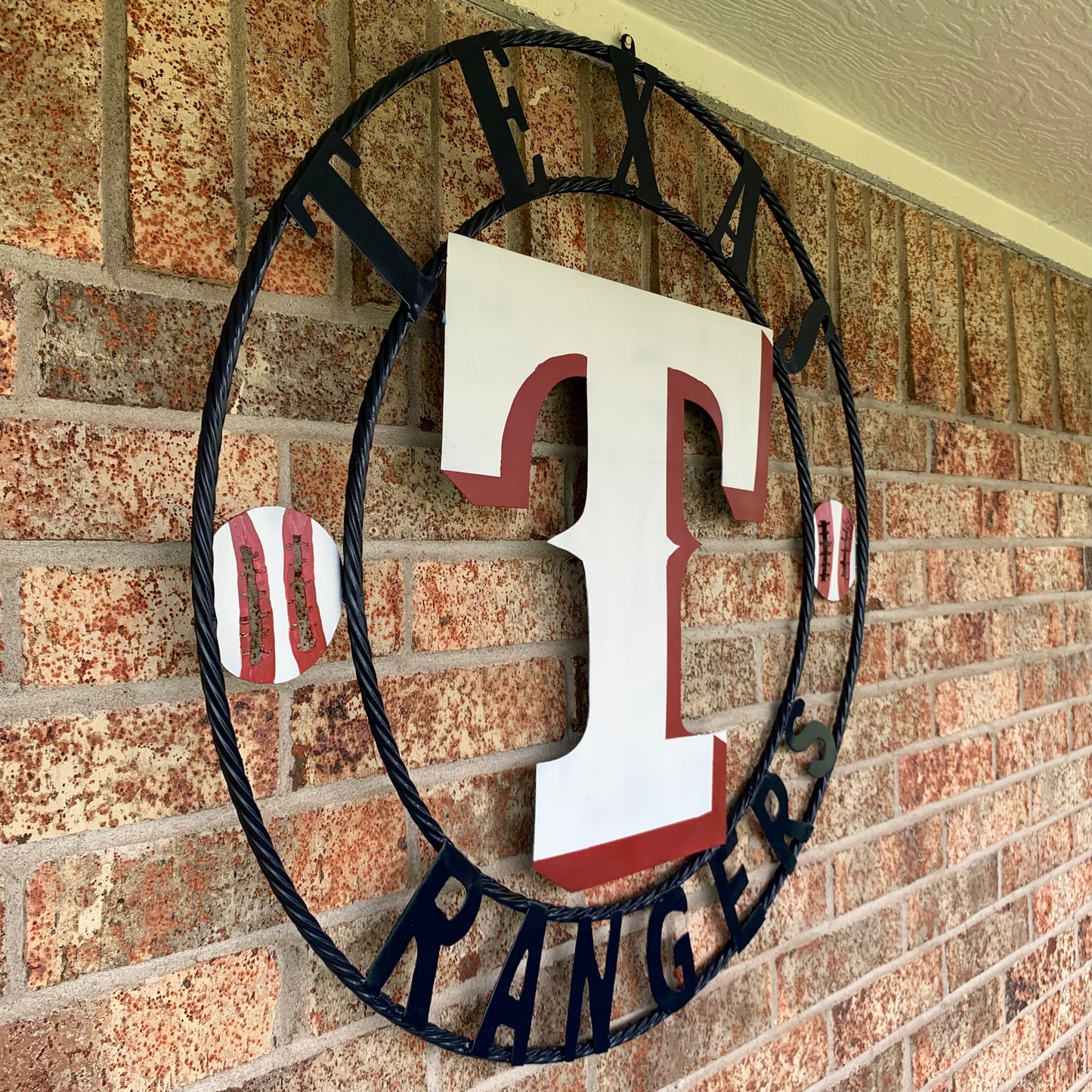 TEXAS RANGERS CUSTOM METAL VINTAGE CRAFT TEAM SIGN WHITE & RED & NAVY BLUE RING HANDMADE