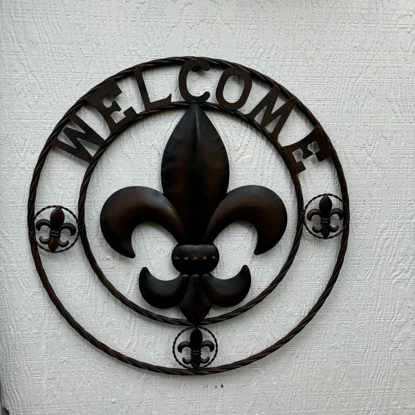 24" WELCOME FLEUR DE LIS METAL WALL ART WESTERN HOME DECOR BROWN NEW #EH11997