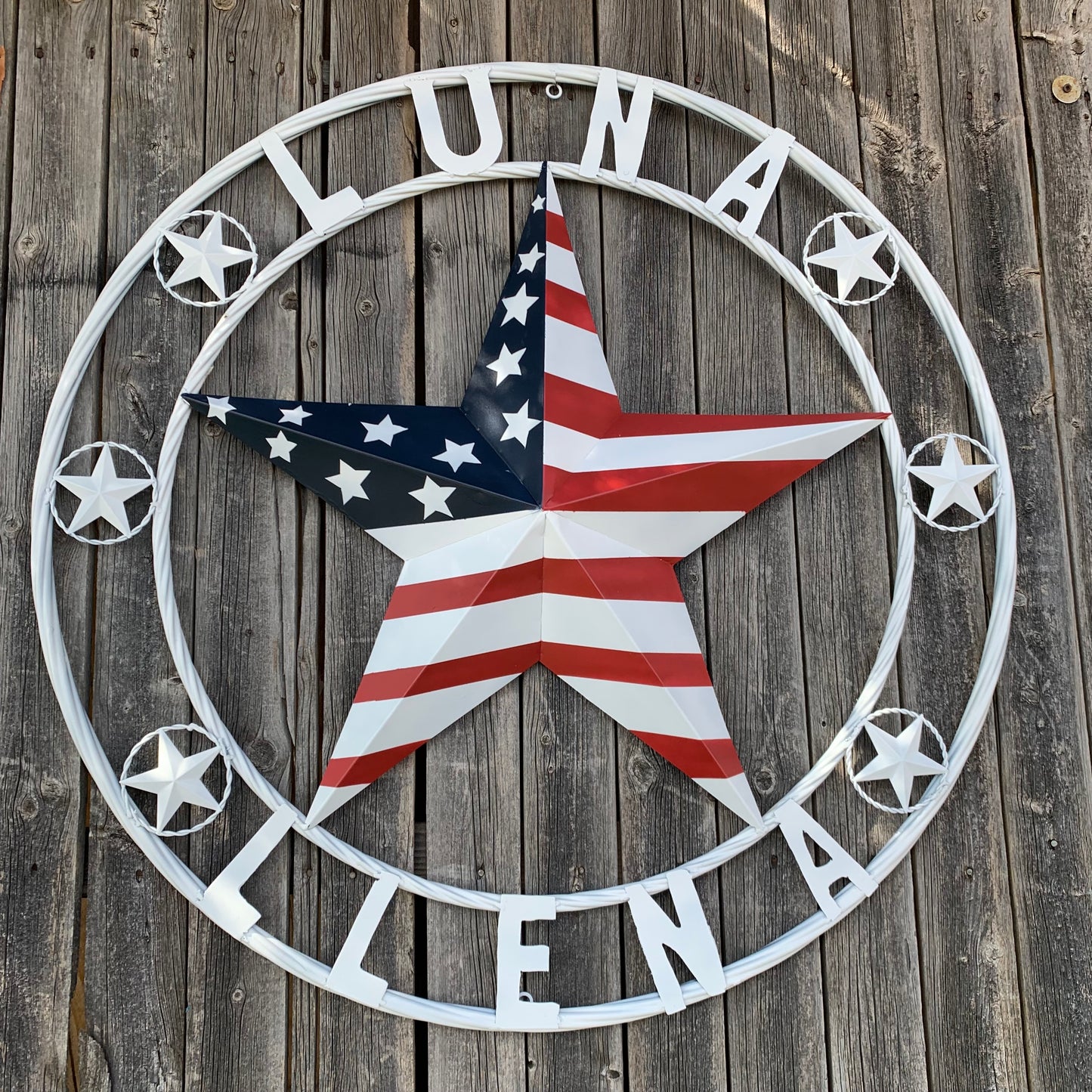 LUNA STYLE CUSTOM NAME BARN STAR METAL STAR 3d TWISTED ROPE RING WESTERN HOME DECOR USA FLAG STAR RED WHOTE & BLUE WITH WHITE RING HANDMADE 24",32",36",50"