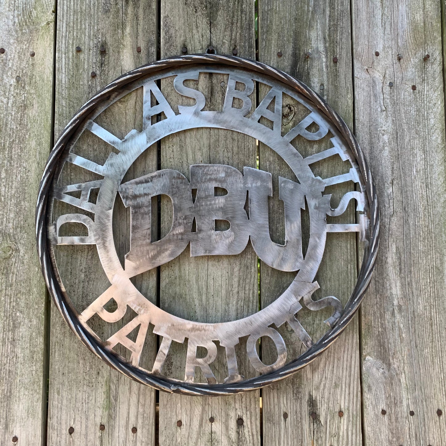 DBU DALLAS BAPTIST PATRIOTS CUSTOM RAW METAL NO PAINT VINTAGE METAL CRAFT SIGN TEAM WESTERN HOME DECOR HANDMADE