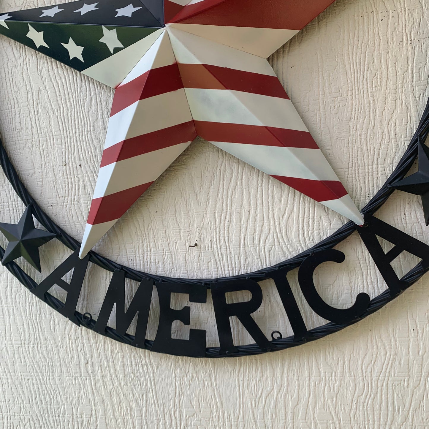 GOD BLESS AMERICA USA FLAG 3d STAR METAL BARN STAR BLACK TWISTED ROPE RING WALL ART WESTERN HOME DECOR RED WHITE & BLUE HANDMADE NEW #EH10490