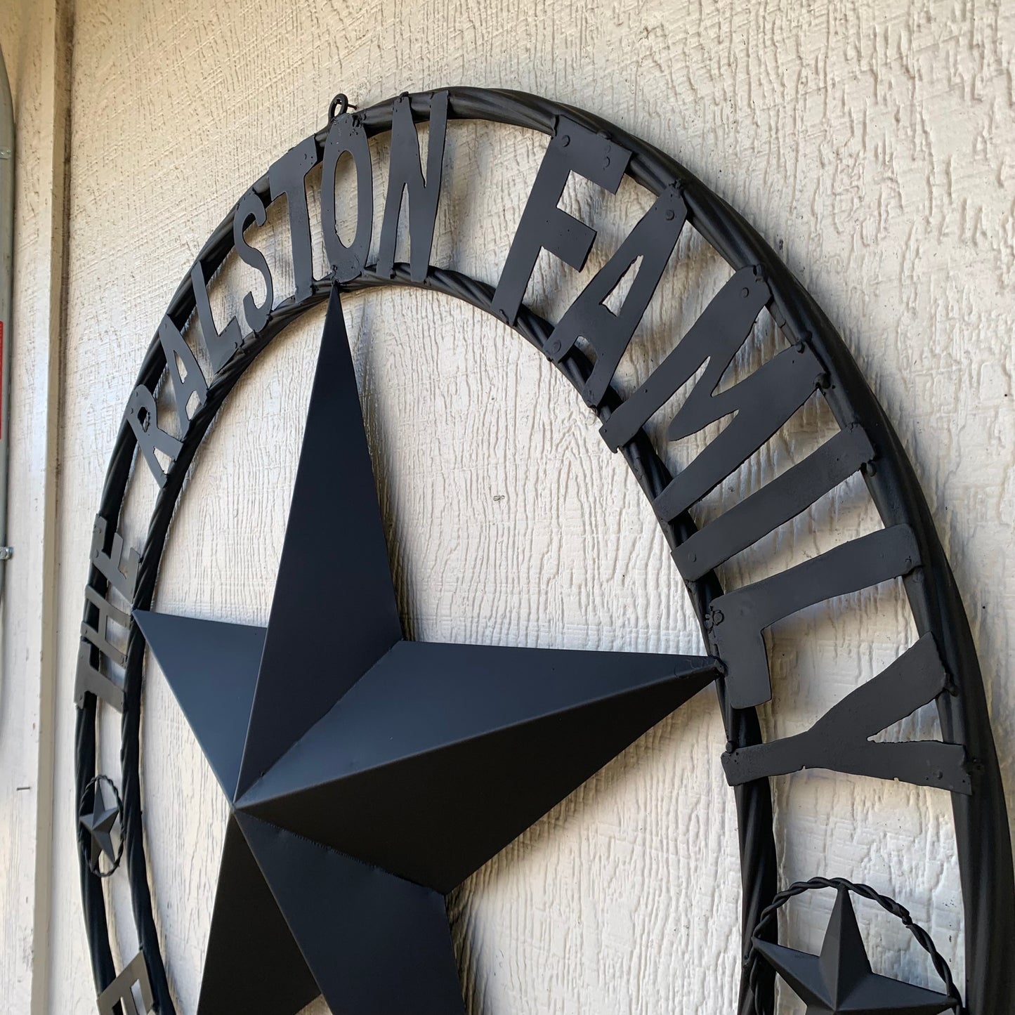 RALSTON FAMILY STYLE CUSTOM NAME STAR BARN METAL STAR 3d TWISTED ROPE RING WESTERN HOME DECOR RUSTIC BLACK HANDMADE 24",32",36",50"