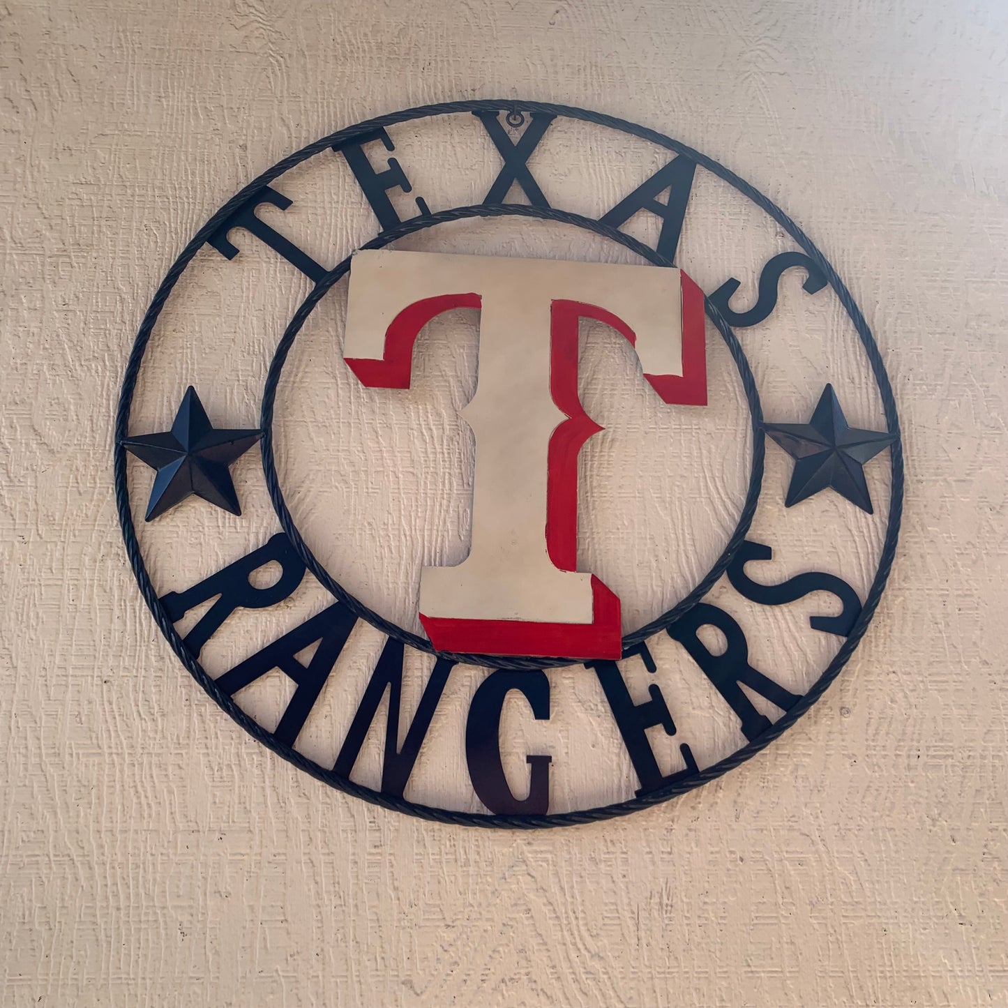 12", 18", 24", 32" TEXAS RANGERS BARN CUSTOM METAL VINTAGE CRAFT SIGN TEAM  WHITE & RED & NAVY BLUE RING & STAR HANDMADE