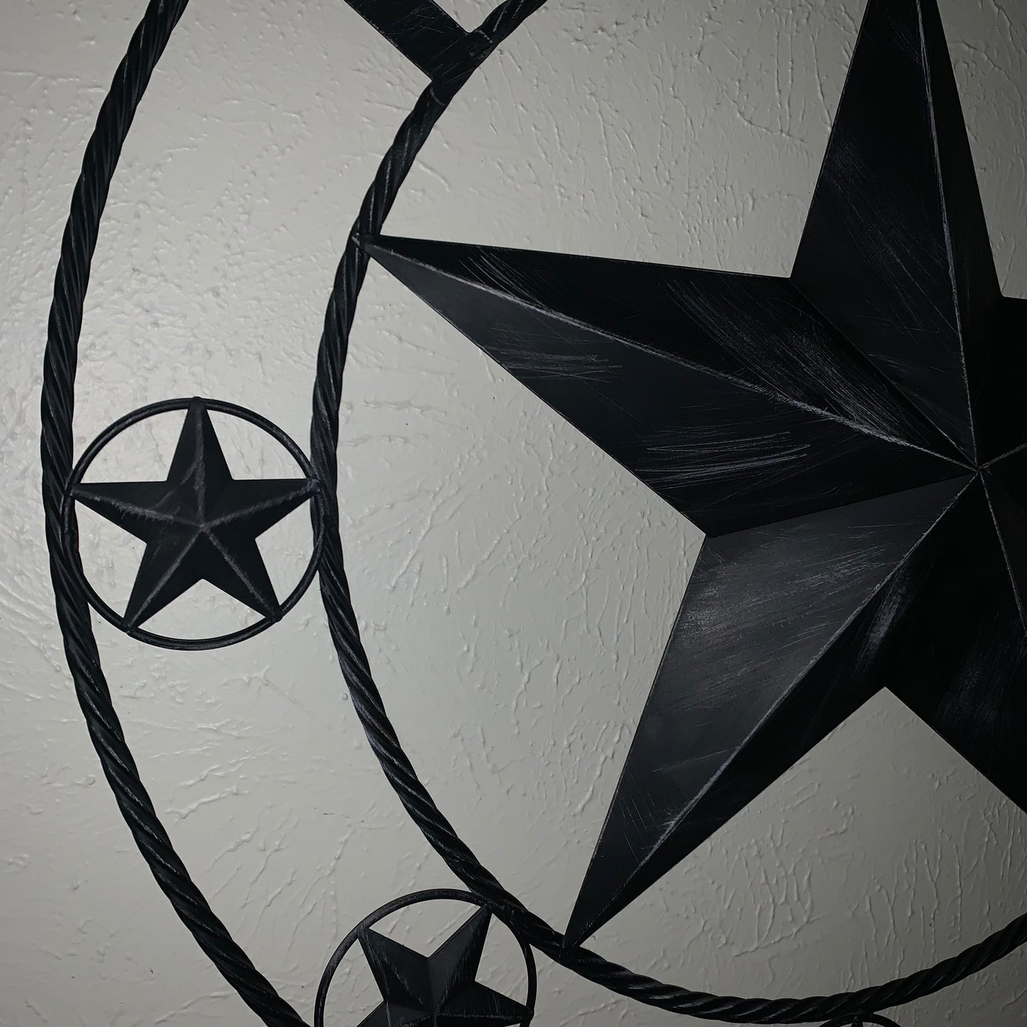TEXAS BLACK DISTRESSED STAR TWO TONE TEXTURE BARN STAR METAL LONESTAR TWISTED ROPE RING WESTERN HOME DECOR HANDMADE NEW