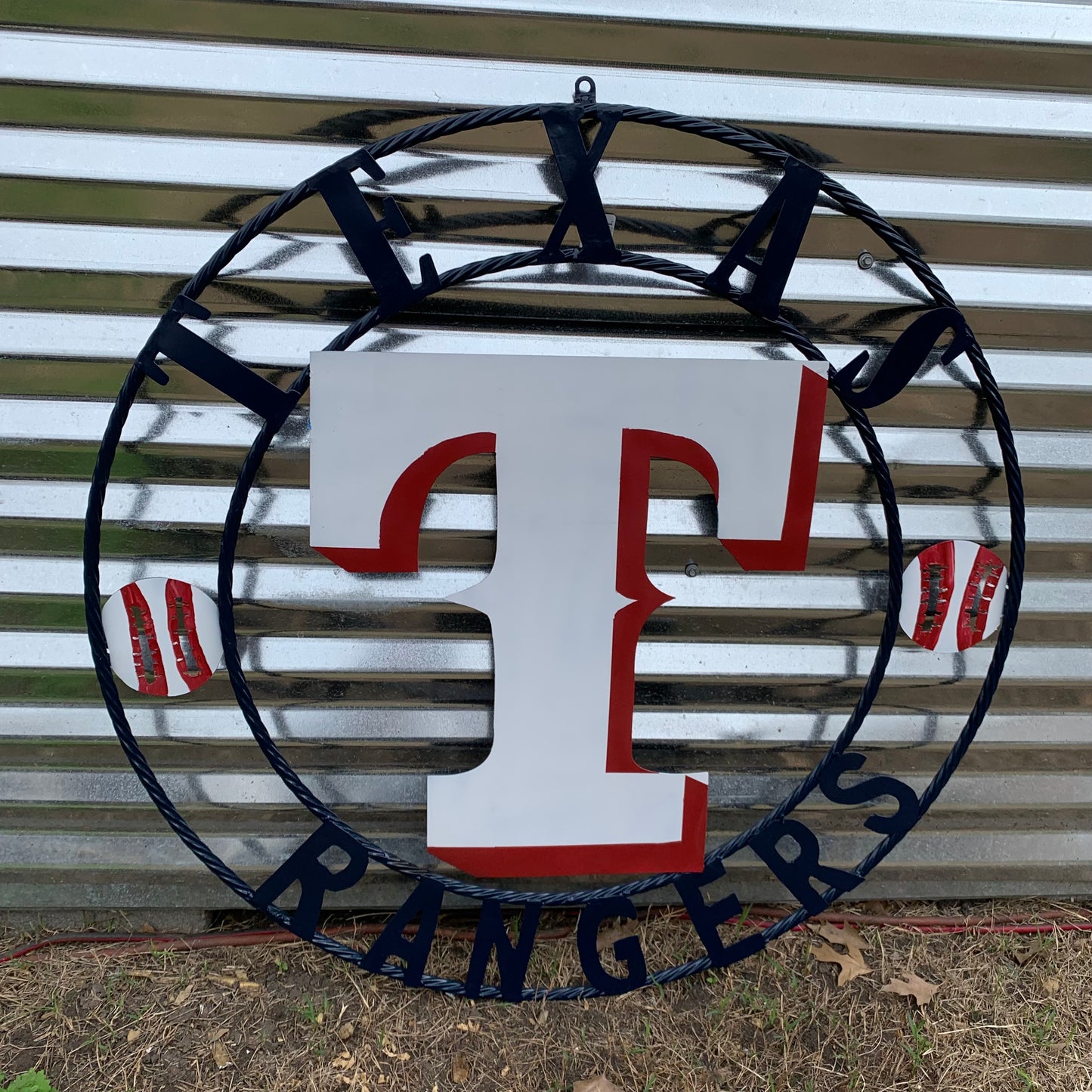 TEXAS RANGERS CUSTOM METAL VINTAGE CRAFT TEAM SIGN WHITE & RED & NAVY BLUE RING HANDMADE