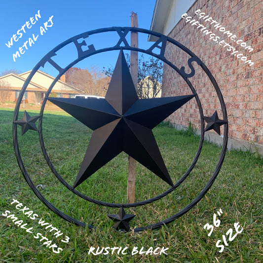 TEXAS LONESTAR WITH 3 SMALL STARS BARN STAR METAL RUSTIC BLACK TWISTED ROPE RING WESTERN HOME DECOR HANDMADE NEW