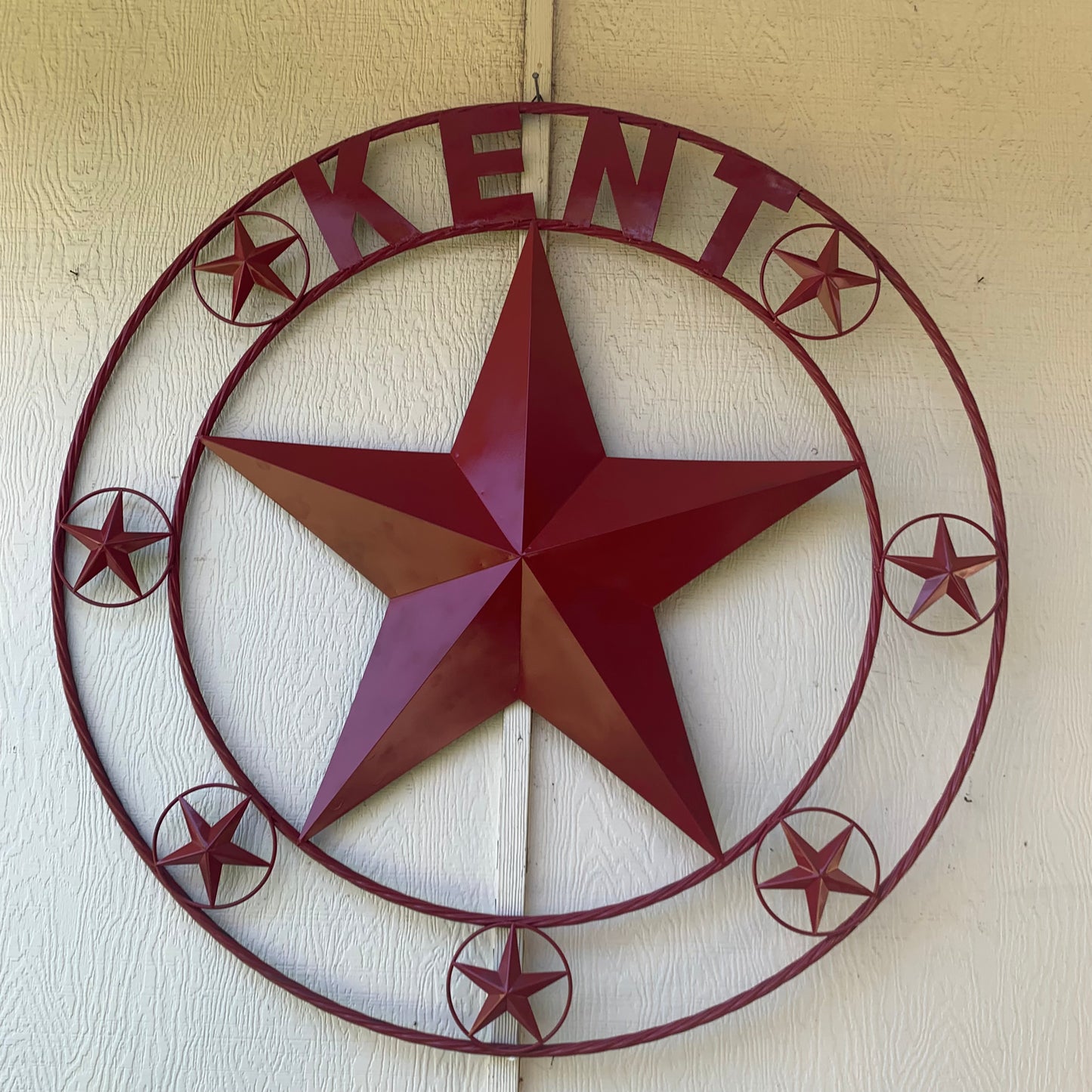 KENT STYLE YOUR CUSTOM STAR METAL NAME RUSTIC BURGUNDY RED CUSTOM 3d STAR METAL NAME BARN STAR TWISTED ROPE RING DESIGN METAL WALL ART HOME DECOR ANY SIZE