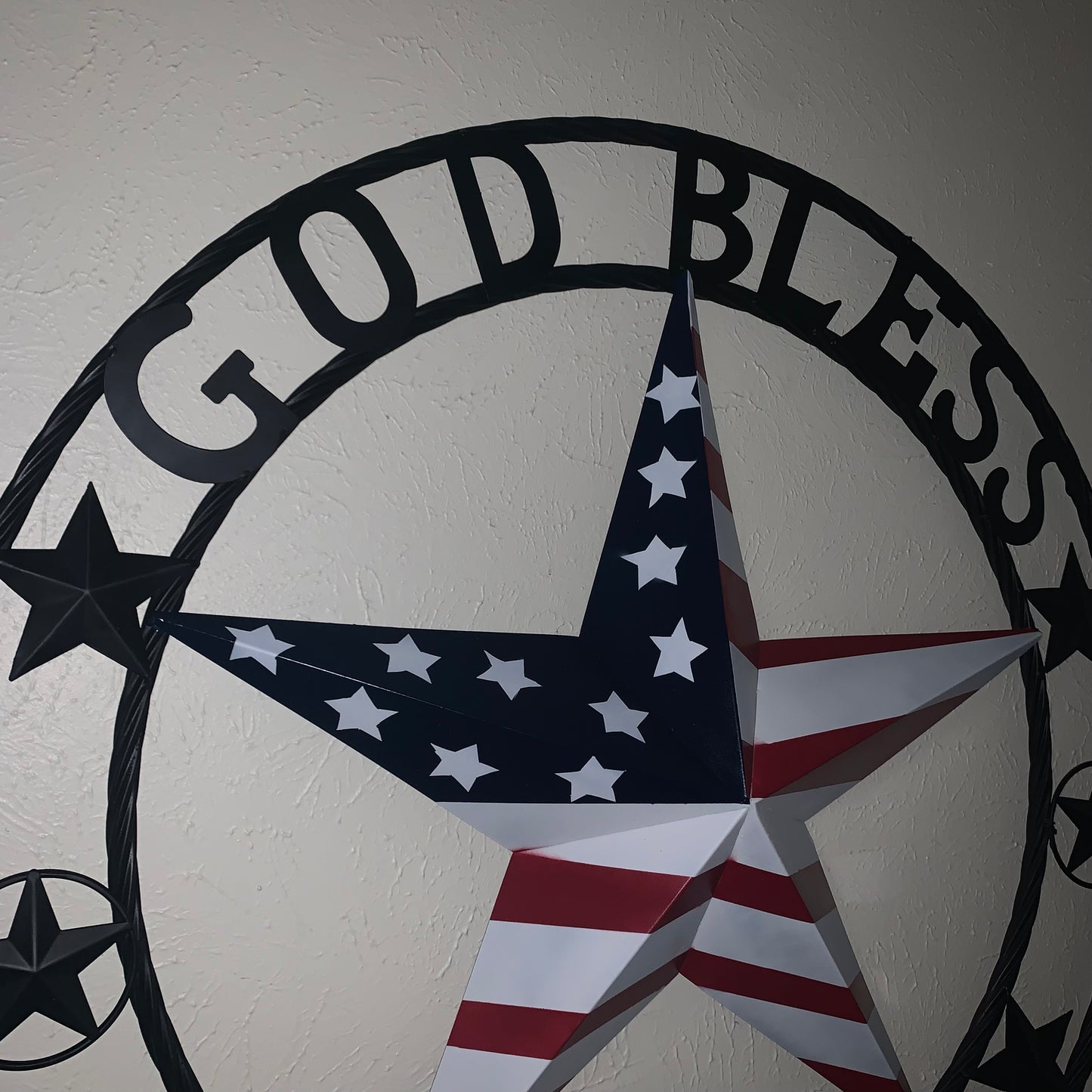 GOD BLESS AMERICA USA FLAG 3d STAR METAL BARN STAR BLACK TWISTED ROPE RING WALL ART WESTERN HOME DECOR RED WHITE & BLUE HANDMADE NEW #EH10490