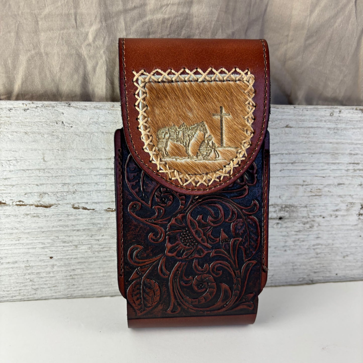 7" COWBOY PRAYER  LEATHER HOLSTER BROWN POUCH EXTRA LARGE  BELT LOOP CELL PHONE CASE UNIVERSAL OVERSIZE #EH13322