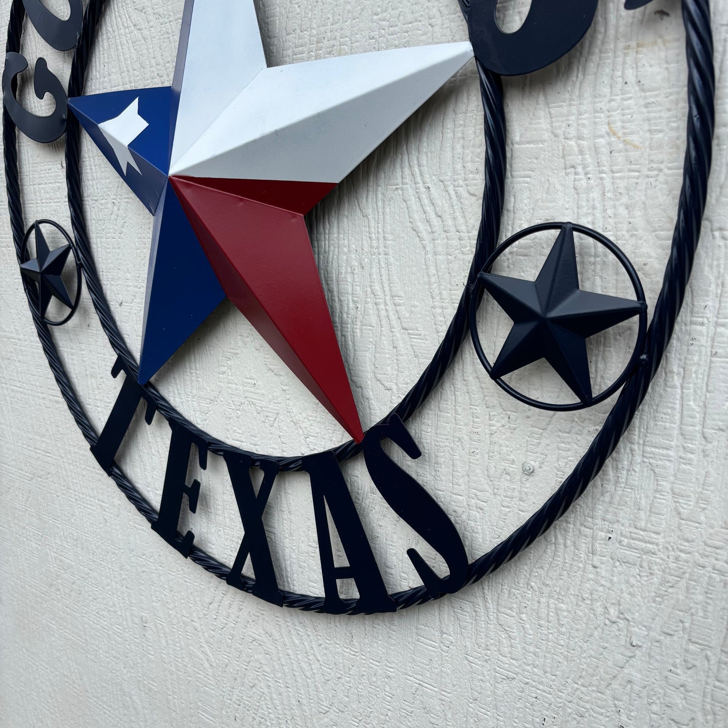 GOD BLESS TEXAS BARN STAR RED WHITE BLUE STAR WITH NAVY BLUE RING LONE STAR TWISTED ROPE RING WESTERN HOME DECOR HANDMADE