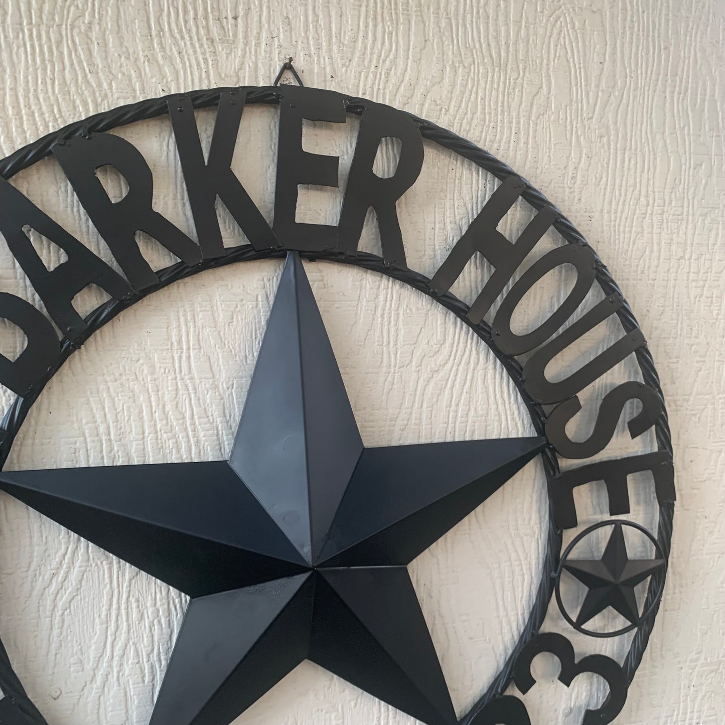 BARKER STYLE CUSTOM NAME STAR BARN METAL STAR 3d TWISTED ROPE RING LONESTAR WESTERN HOME DECOR RUSTIC BLACK HANDMADE 24",32",36",50"