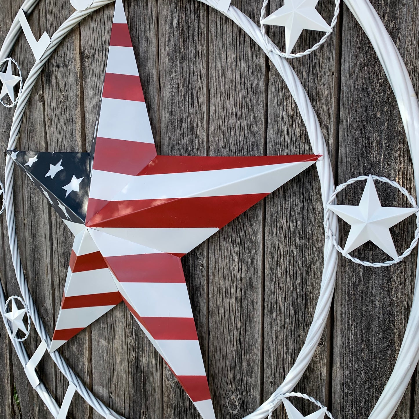 LUNA STYLE CUSTOM NAME BARN STAR METAL STAR 3d TWISTED ROPE RING WESTERN HOME DECOR USA FLAG STAR RED WHOTE & BLUE WITH WHITE RING HANDMADE 24",32",36",50"
