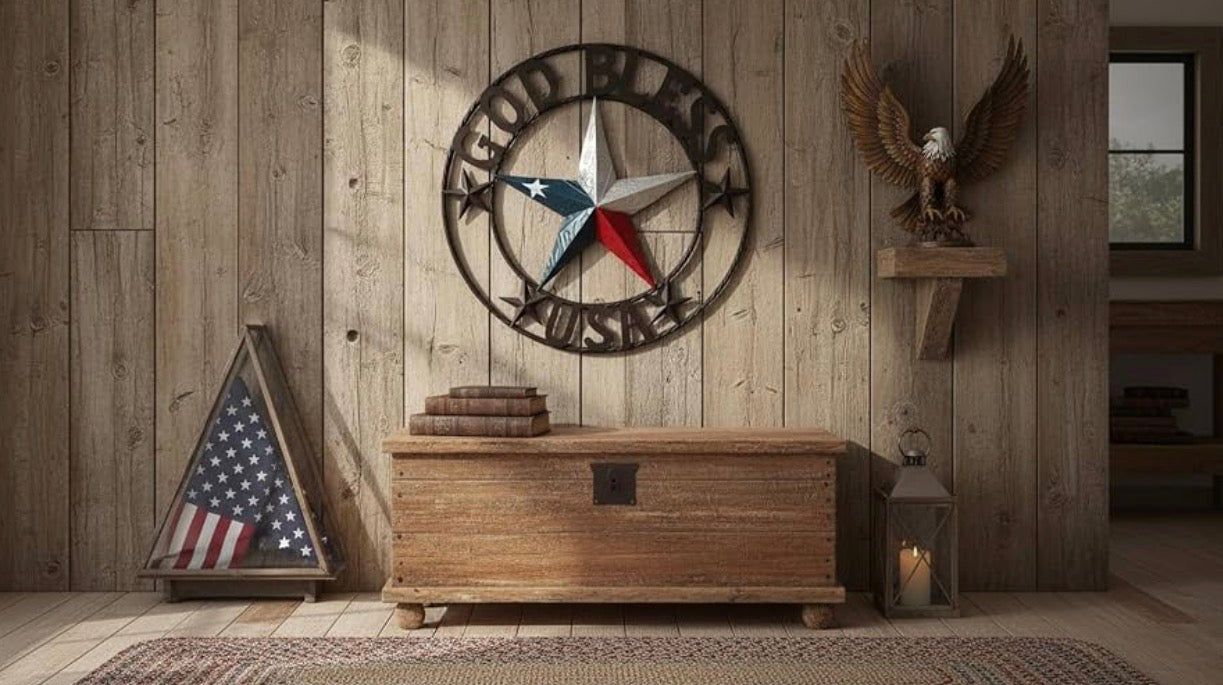 GOD BLESS USA LICENSE PLATE 3d STAR RED WHITE BLUE  WITH BRONZE RING METAL BARN STAR TWISTED ROPE RING WALL ART WESTERN HOME DECOR HANDMADE #EH
