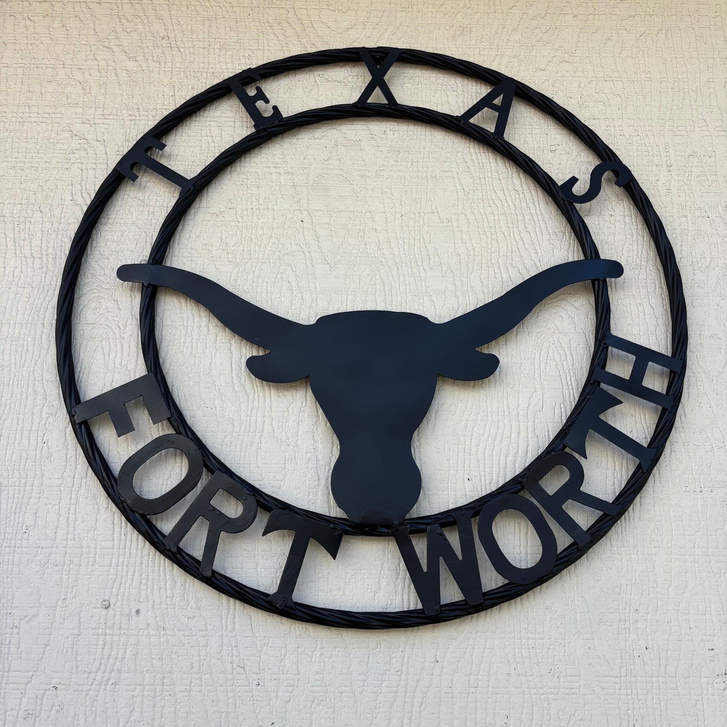 TEXAS FORT WORTH METAL SIGN LONGHORNS BLACK WESTERN HOME DECOR HANDMADE