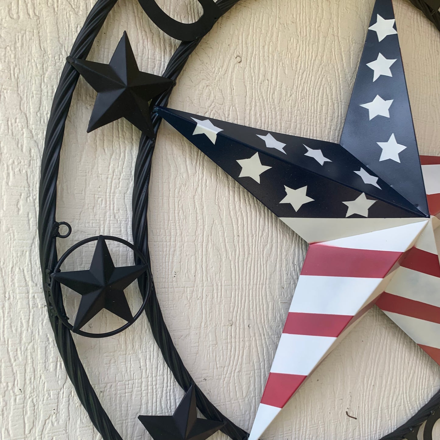 GOD BLESS AMERICA USA FLAG 3d STAR METAL BARN STAR BLACK TWISTED ROPE RING WALL ART WESTERN HOME DECOR RED WHITE & BLUE HANDMADE NEW #EH10490