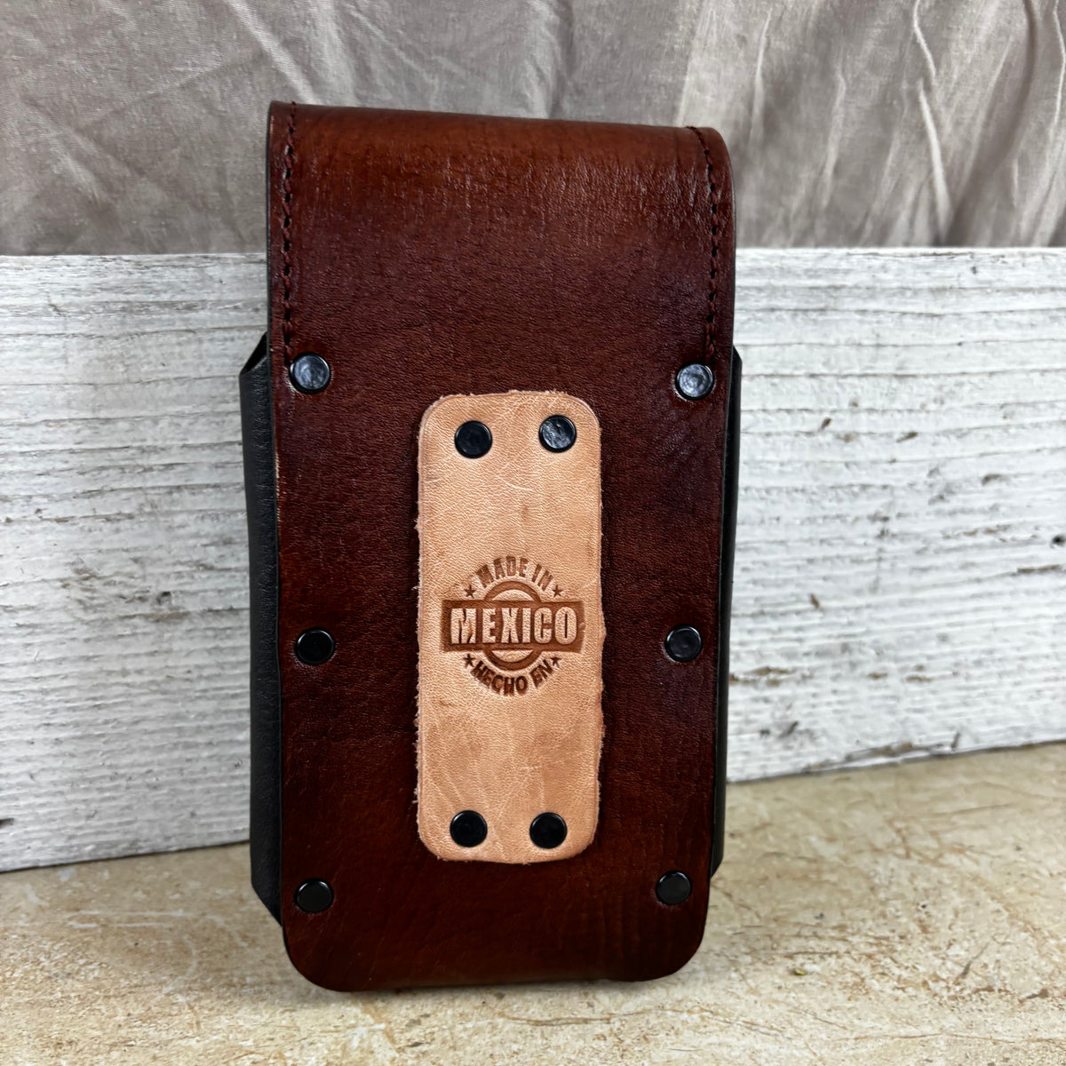 LONGHORN LEATHER HOLSTER 7" PHONE POUCH WITH KNIFE HOLDER FRONT EXTRA LARGE  BELT LOOP CELL PHONE CASE UNIVERSAL OVERSIZE MEXICO MADE #EH13806