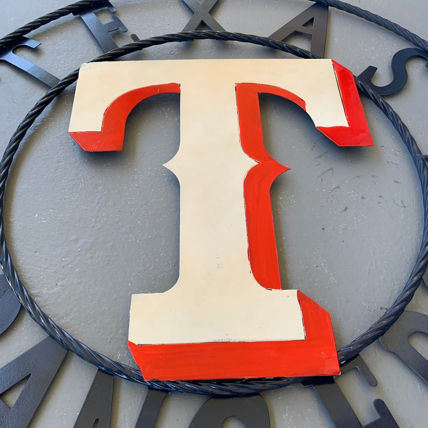 12", 18", 24", 32" TEXAS RANGERS BARN CUSTOM METAL VINTAGE CRAFT SIGN TEAM  WHITE & RED & NAVY BLUE RING & STAR HANDMADE