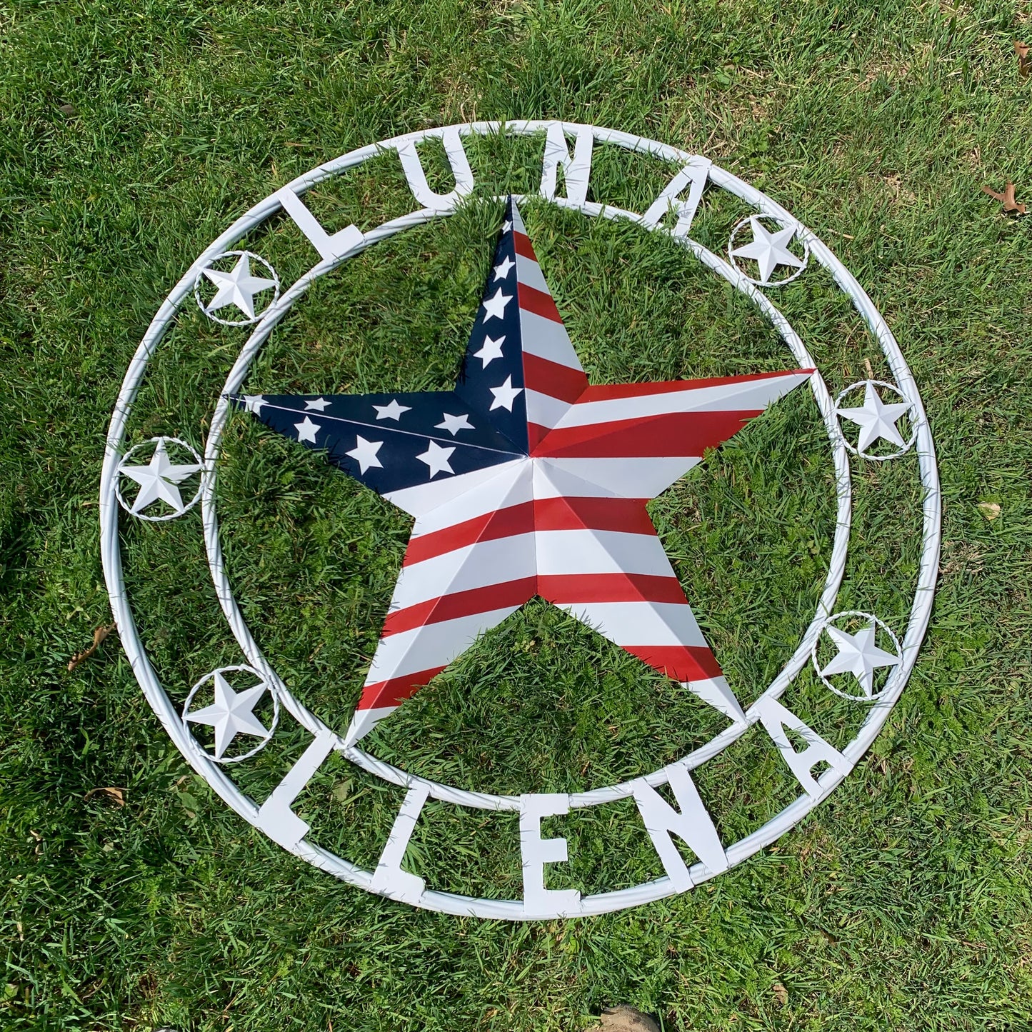 LUNA STYLE CUSTOM NAME BARN STAR METAL STAR 3d TWISTED ROPE RING WESTERN HOME DECOR USA FLAG STAR RED WHOTE & BLUE WITH WHITE RING HANDMADE 24",32",36",50"