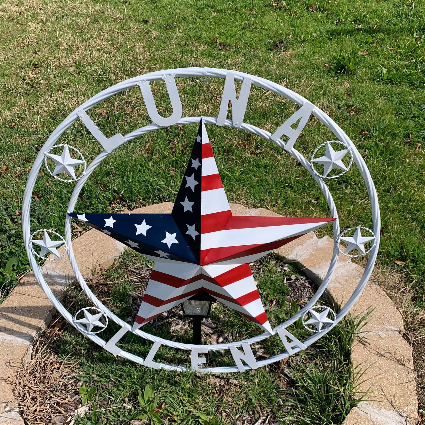 LUNA STYLE CUSTOM NAME BARN STAR METAL STAR 3d TWISTED ROPE RING WESTERN HOME DECOR USA FLAG STAR RED WHOTE & BLUE WITH WHITE RING HANDMADE 24",32",36",50"